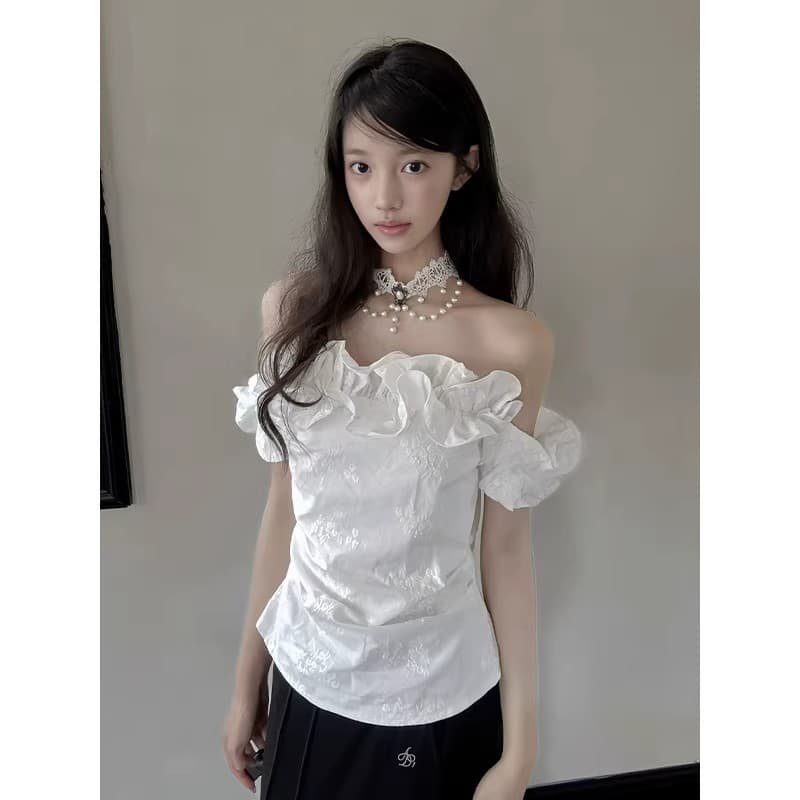 프랑스식 레트로 품격 화이트 오프숄더 자카드 맨위 여성 여름 순수한 욕망 디자인 센스 프릴 허리 수축 셔츠