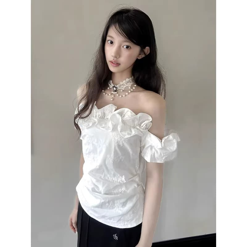 프랑스식 레트로 품격 화이트 오프숄더 자카드 맨위 여성 여름 순수한 욕망 디자인 센스 프릴 허리 수축 셔츠 이미지 5