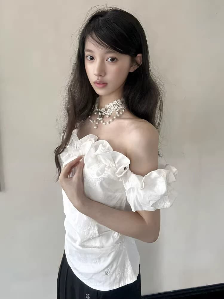 프랑스식 레트로 품격 화이트 오프숄더 자카드 맨위 여성 여름 순수한 욕망 디자인 센스 프릴 허리 수축 셔츠 상세 이미지 5