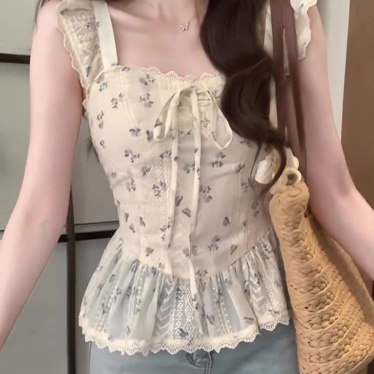 작은 날다 소매 광장 칼라 꽃무늬 여성 셔츠 여름 2026 새로운 프랑스식 디자인 센스 몸매 가꾸기 품격 프릴 맨위 이미지 4