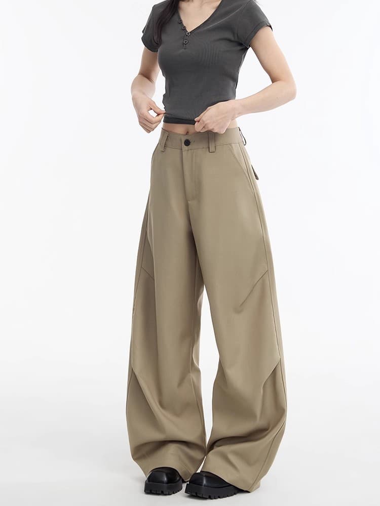 아메리칸 카키 색 워크웨어 주머니 와이드 레그 팬츠 2026 봄 여름 새로운 정장 바지 여성 루즈핏 모통이 칼 캐주얼 바지 이미지 3