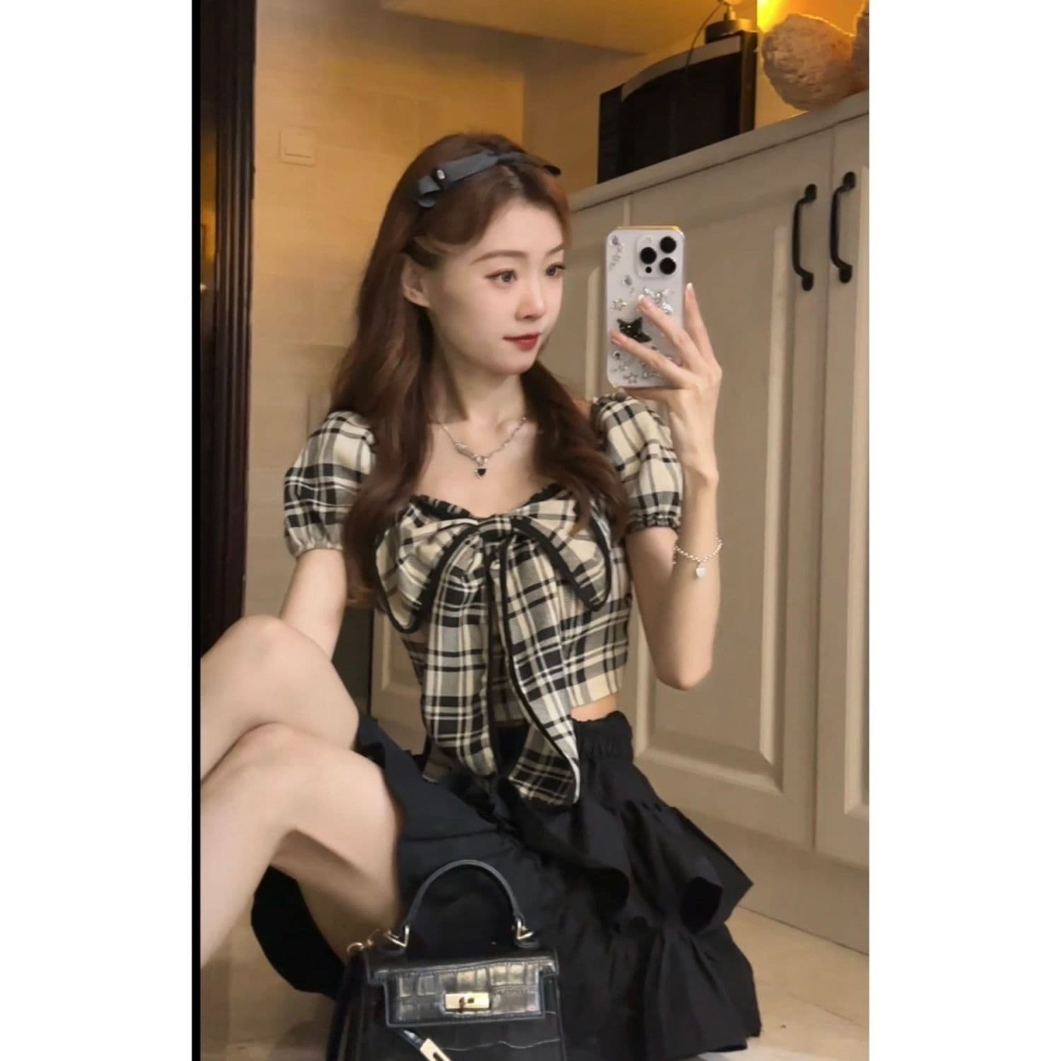 나비 매듭 거품 소매 격자 무늬 셔츠 디자인 센스 쇼트 스타일 프랑스식 광장 칼라 맨위 다용도 슬림해 보이는 여성 상세 이미지 5