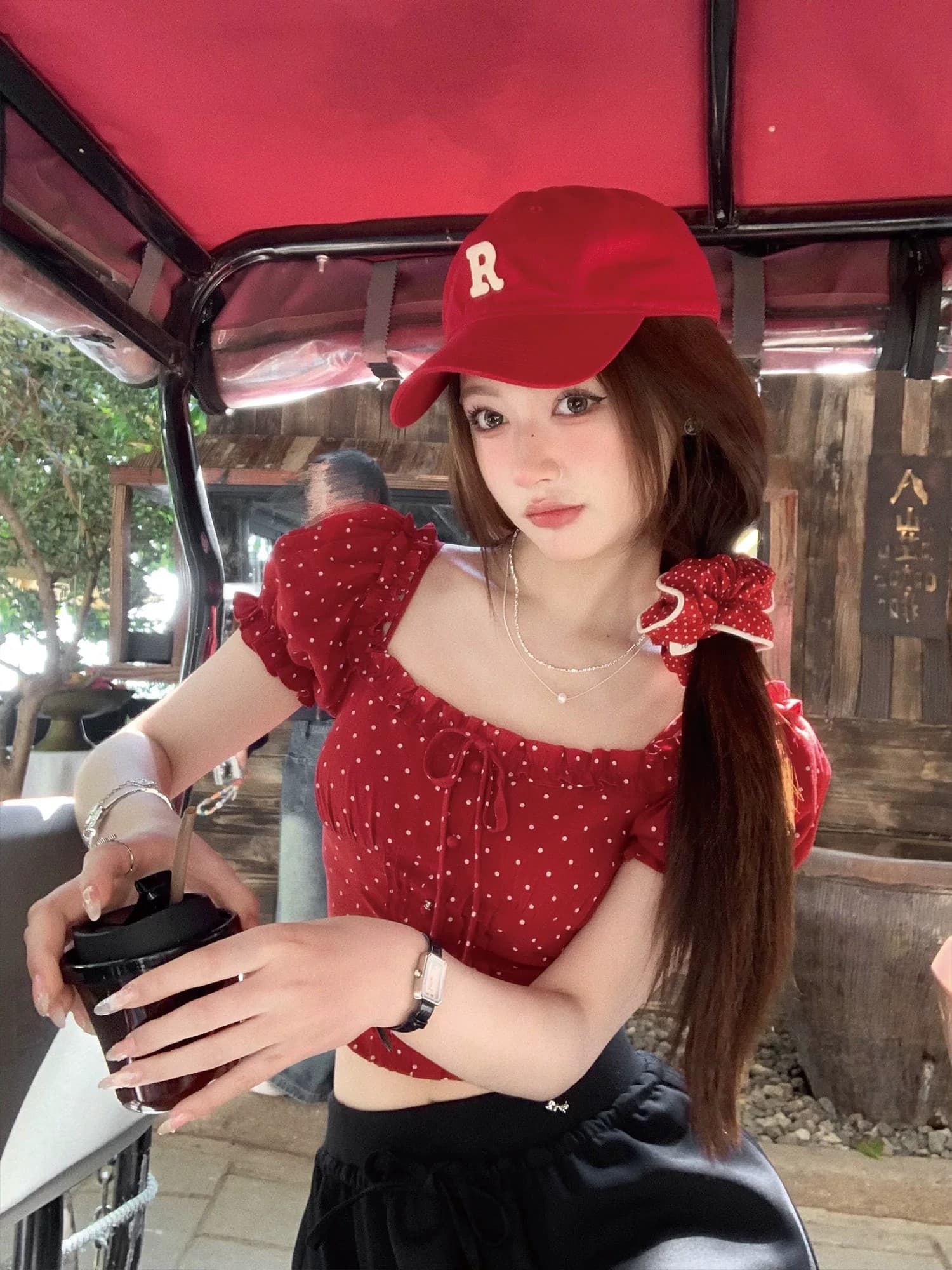 레트로 달콤함 빨간색 도트 무늬 맨위 여름 여행 착용 가져 가라. 오프숄더 오프숄더 반팔 상세 이미지 26