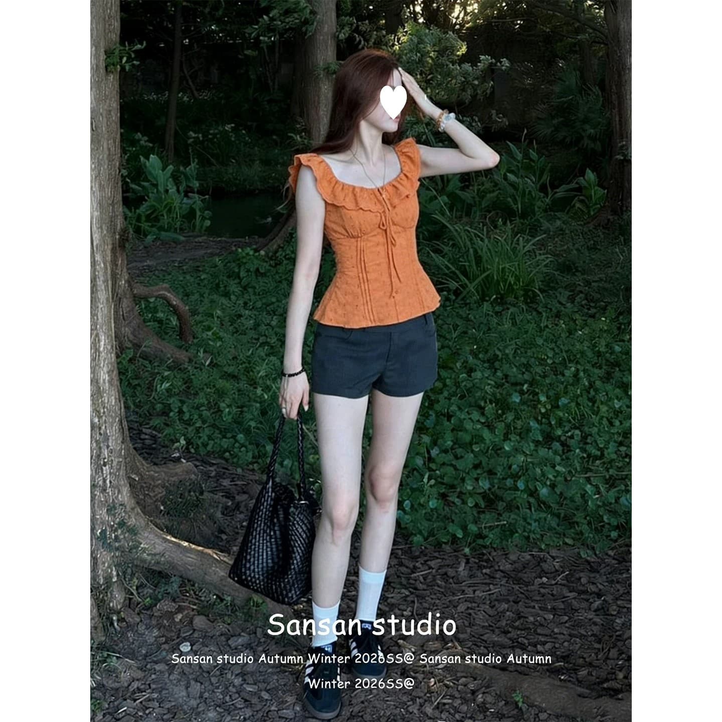 프랑스식 주황색 반팔 여성 셔츠 여름 착용 가져 가라. 프릴 칼라 셔츠 몸매 가꾸기 슬림해 보이는 도파민 작은 날다 소매 맨위 이미지 2