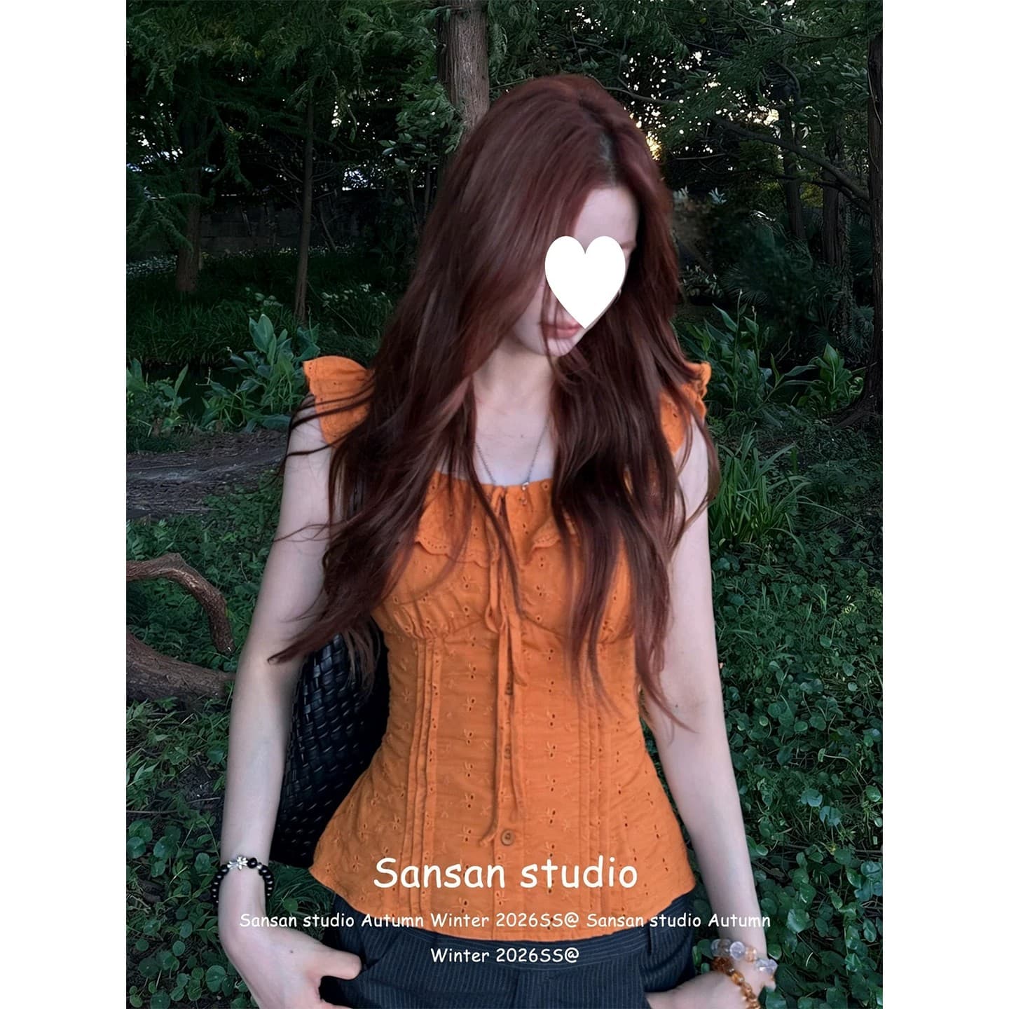 프랑스식 주황색 반팔 여성 셔츠 여름 착용 가져 가라. 프릴 칼라 셔츠 몸매 가꾸기 슬림해 보이는 도파민 작은 날다 소매 맨위