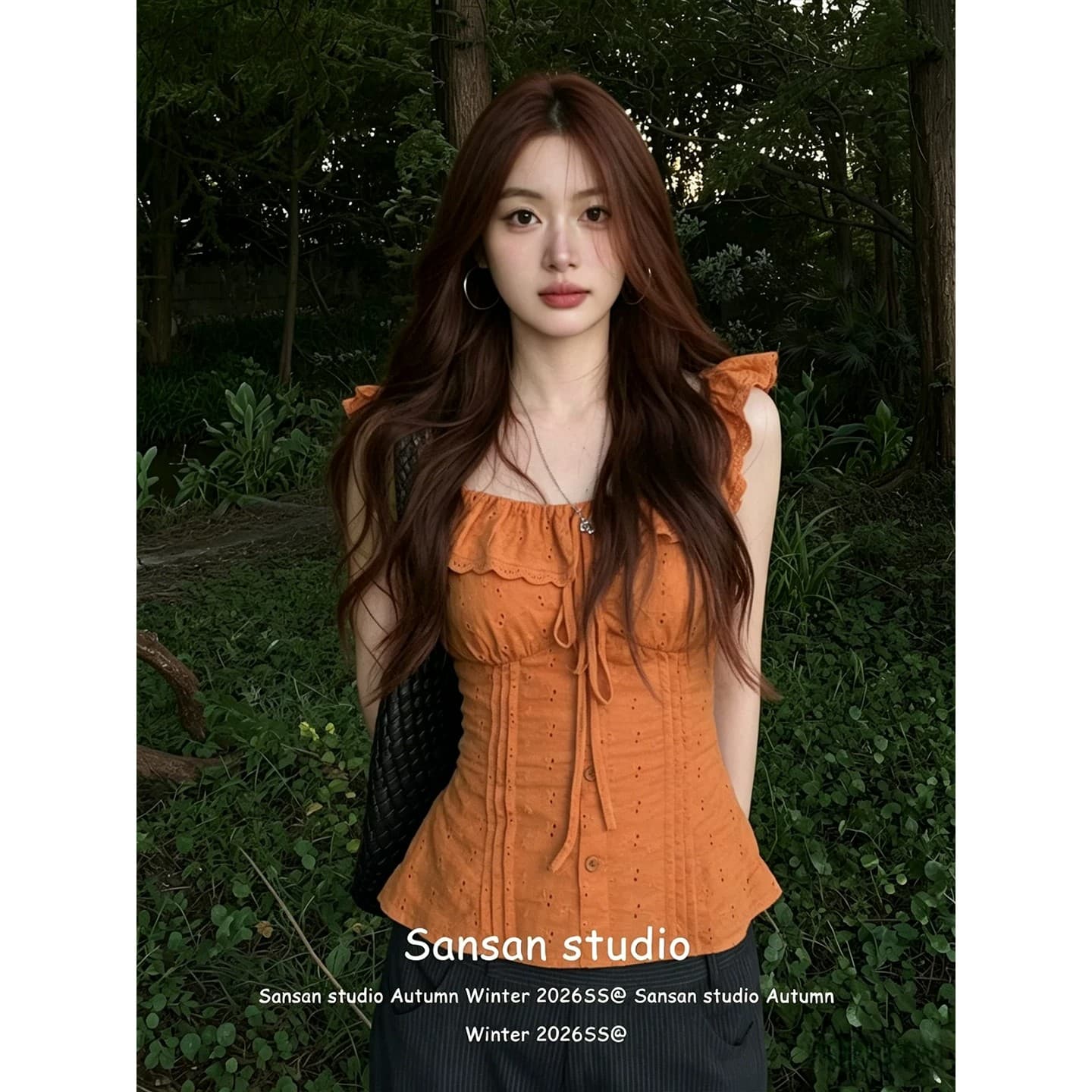 프랑스식 주황색 반팔 여성 셔츠 여름 착용 가져 가라. 프릴 칼라 셔츠 몸매 가꾸기 슬림해 보이는 도파민 작은 날다 소매 맨위 이미지 3