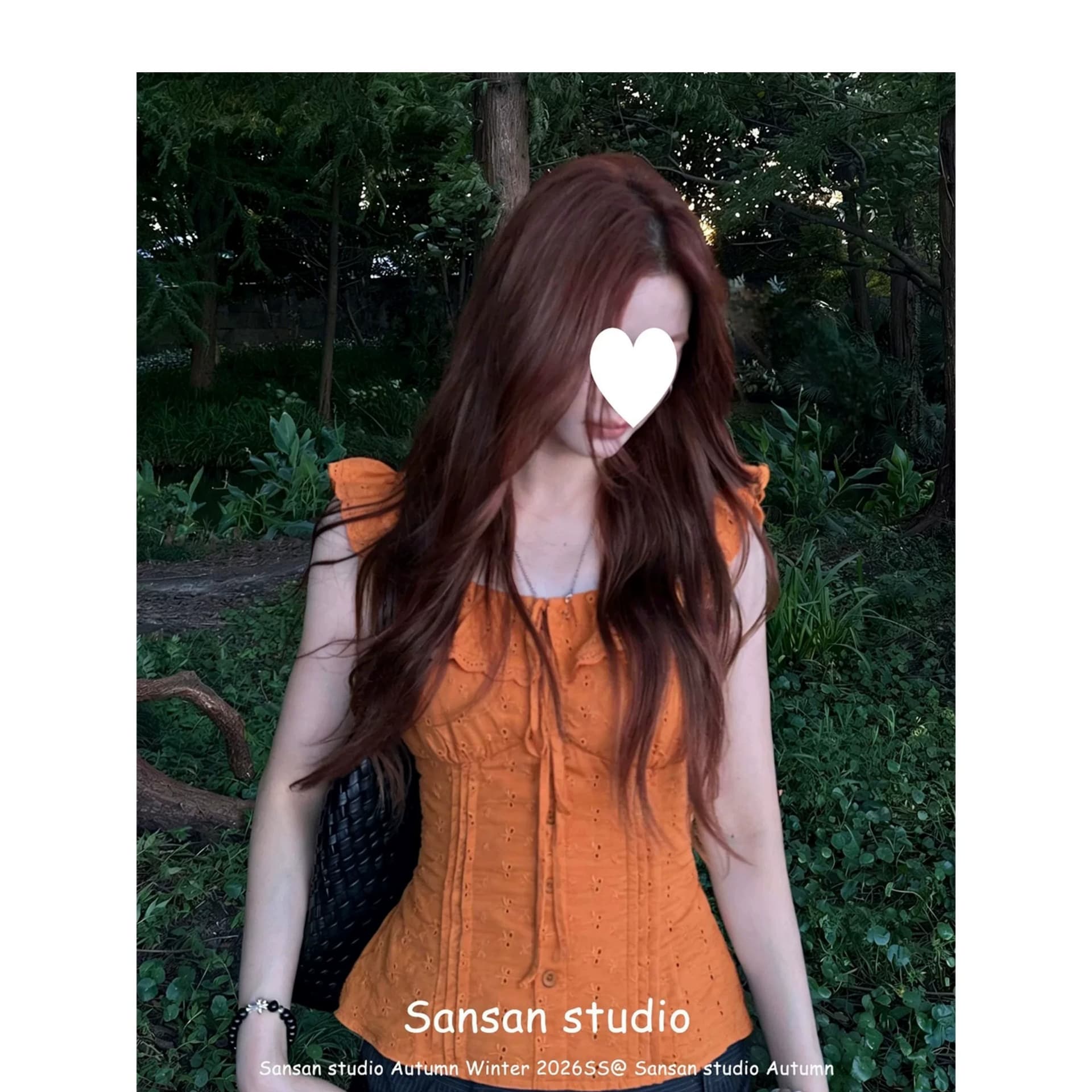 프랑스식 주황색 반팔 여성 셔츠 여름 착용 가져 가라. 프릴 칼라 셔츠 몸매 가꾸기 슬림해 보이는 도파민 작은 날다 소매 맨위 상세 이미지 4