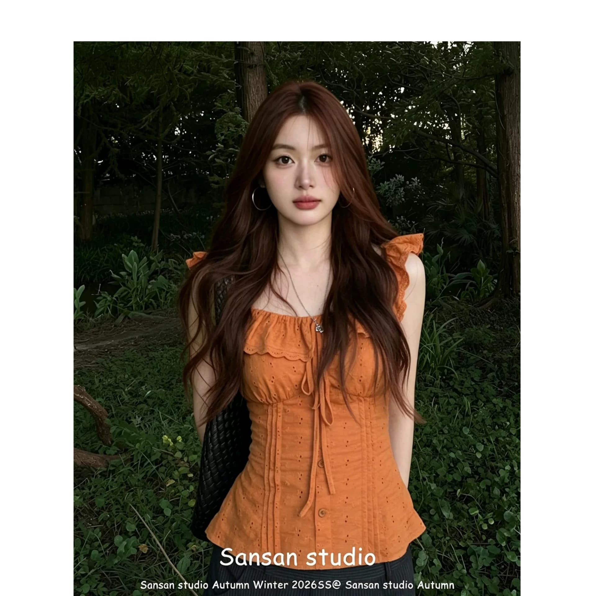 프랑스식 주황색 반팔 여성 셔츠 여름 착용 가져 가라. 프릴 칼라 셔츠 몸매 가꾸기 슬림해 보이는 도파민 작은 날다 소매 맨위 상세 이미지 5