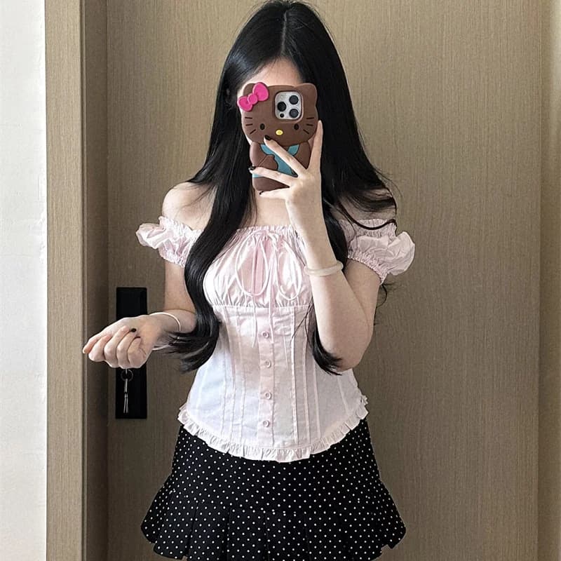 2026 여름 프랑스식 반팔 달콤함 거품 소매 나비 매듭 광장 칼라 쇼트 스타일 여성 셔츠 이미지 2
