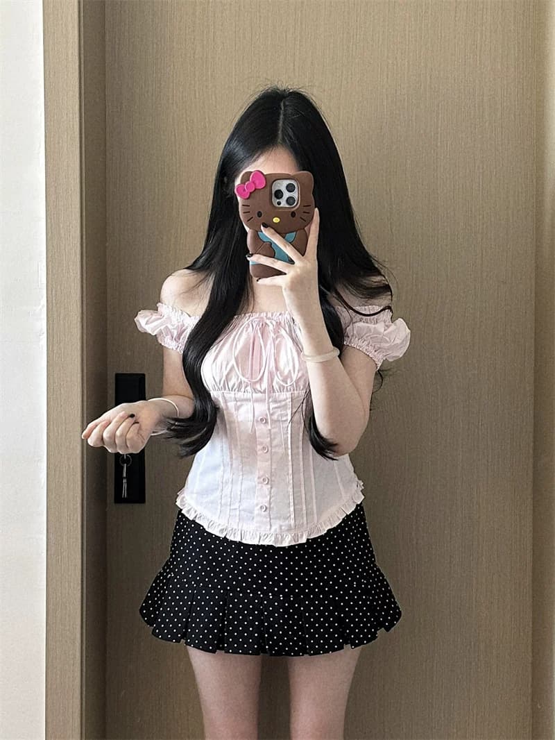 2026 여름 프랑스식 반팔 달콤함 거품 소매 나비 매듭 광장 칼라 쇼트 스타일 여성 셔츠 상세 이미지 3