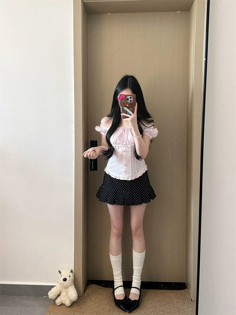 2026 여름 프랑스식 반팔 달콤함 거품 소매 나비 매듭 광장 칼라 쇼트 스타일 여성 셔츠 상세 이미지 6