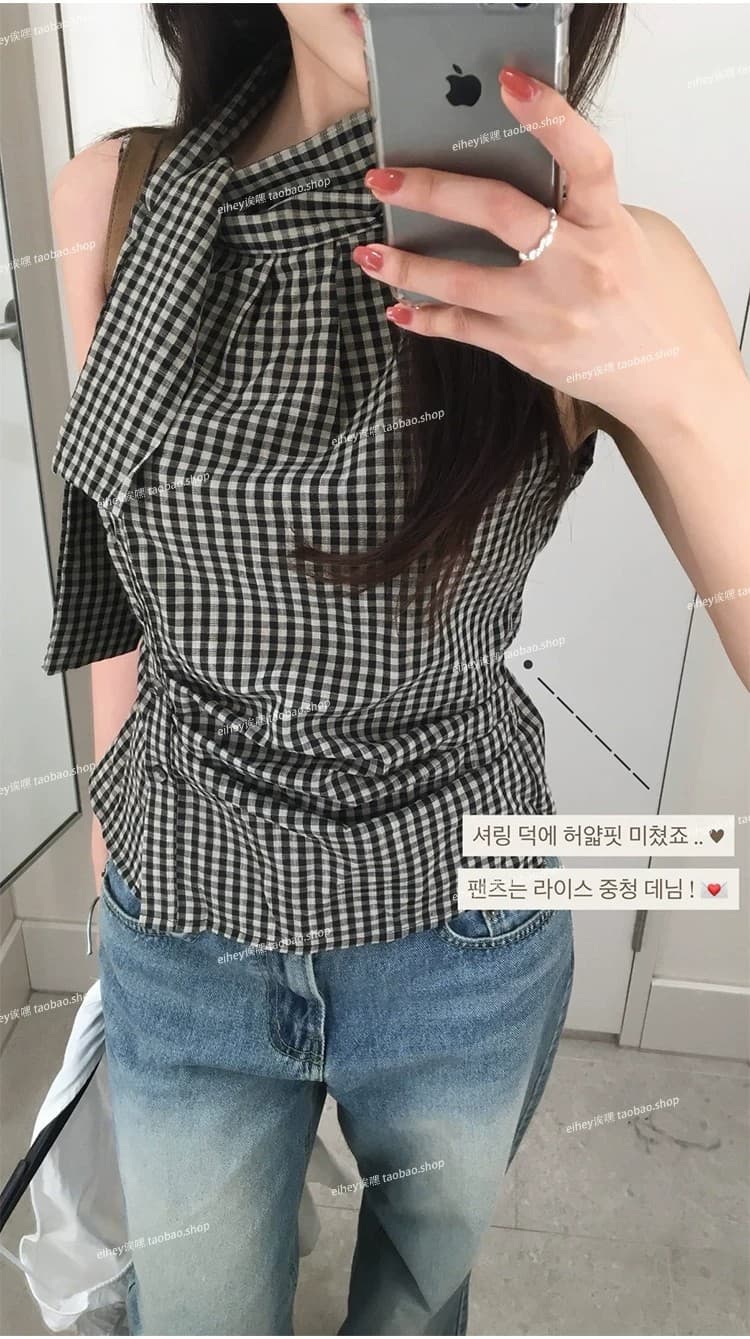 eihey 어 이봐 한 부서 레트로 체크무늬 나비 넥타이 허리 수축 주름 디자인 센스 슬림해 보이는 민소매 조끼 품격 맨위 상세 이미지 9