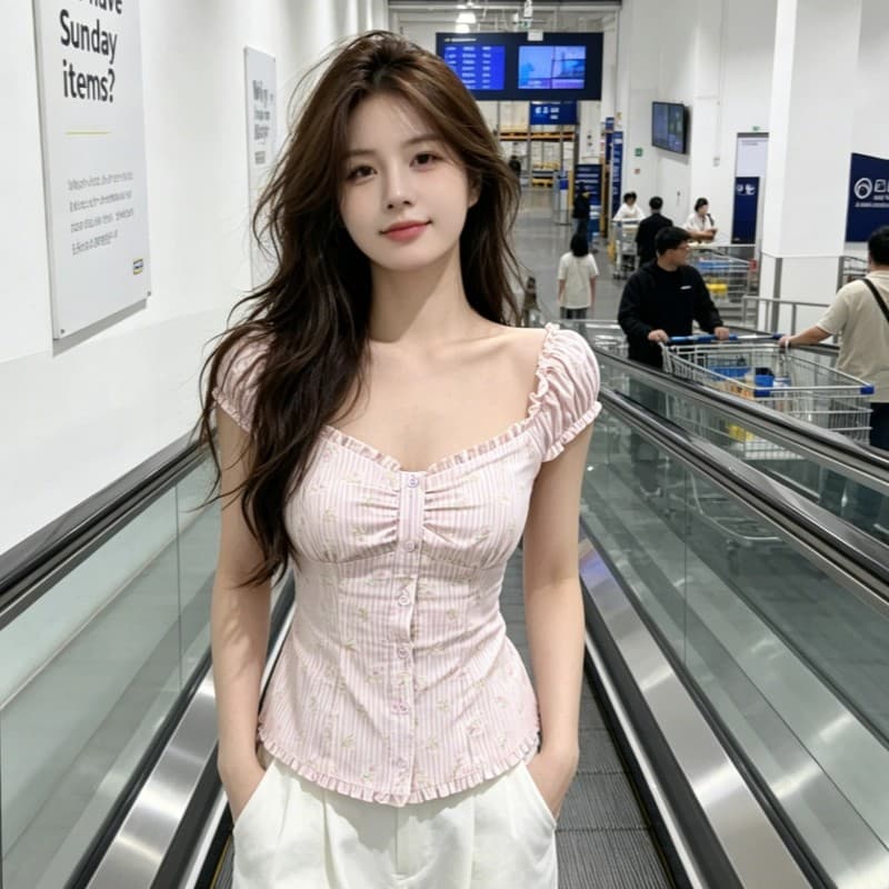 프랑스식 대 네클라인 반팔 셔츠 여성 의류 여름 2026 새로운 셔츠 쇄골 거품 소매 몸매 가꾸기 슬림해 보이는 맨위 상세 이미지 2