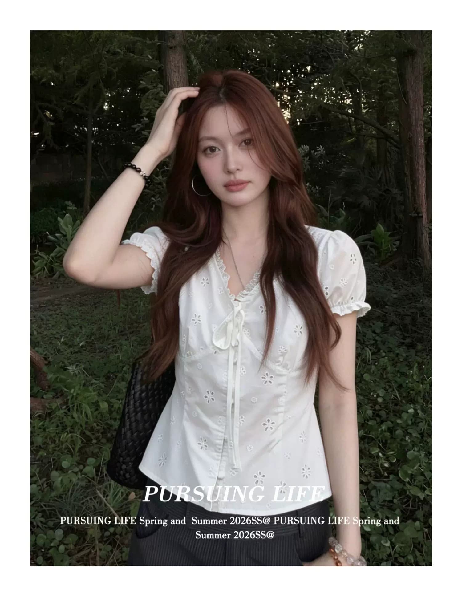 프랑스식 V넥 레이스 반팔 여성 셔츠 여름 착용 가져 가라. 거품 소매 레이스업 셔츠 캐주얼 품격 화이트 맨위 상세 이미지 5
