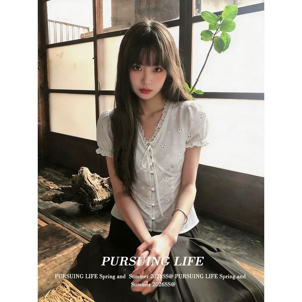 한 부서 V넥 레이스 반팔 여성 셔츠 여름 착용 가져 가라. 디자인 센스 거품 소매 셔츠 슬림해 보이는 화이트 맨위 ins 이미지 3