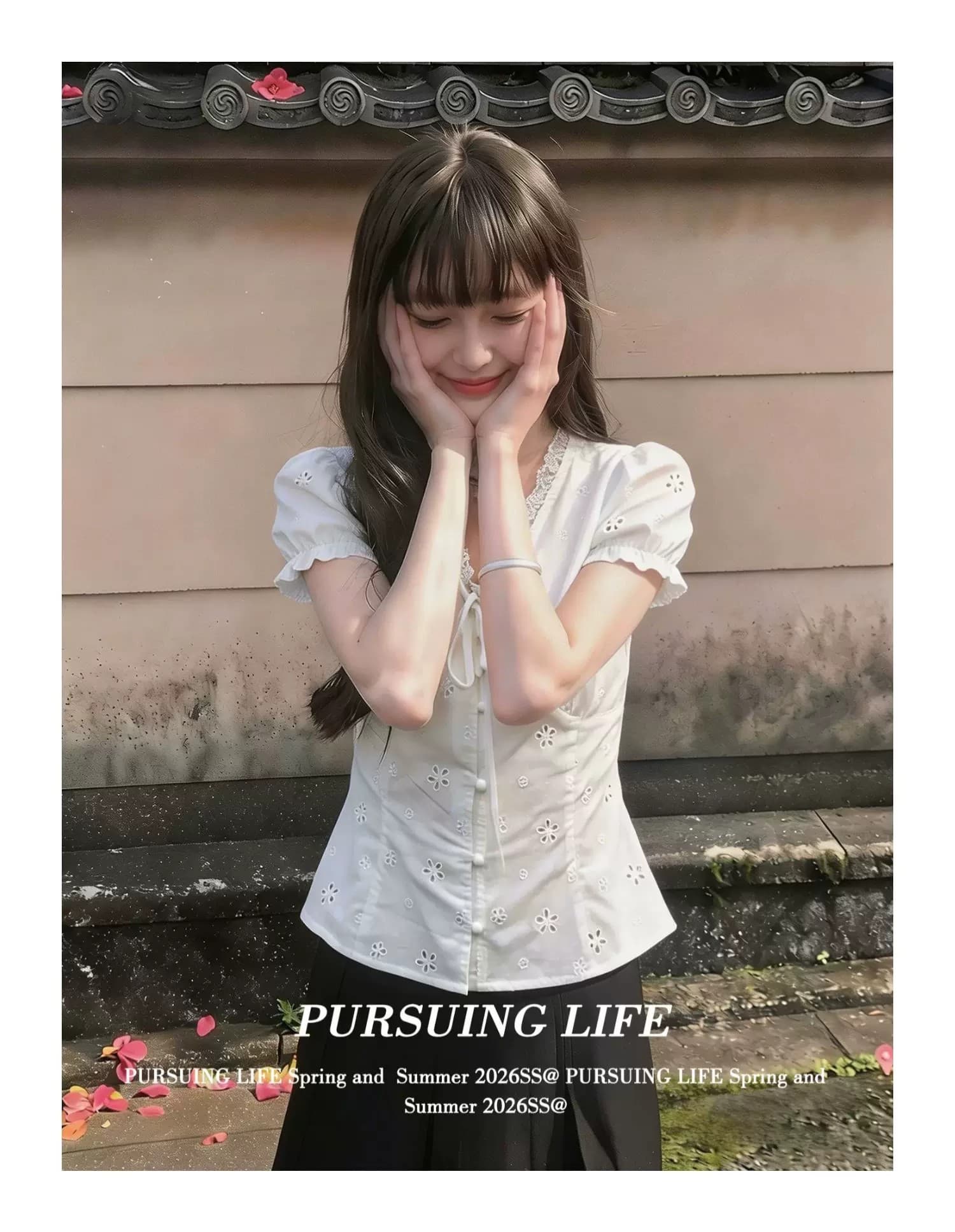 한 부서 V넥 레이스 반팔 여성 셔츠 여름 착용 가져 가라. 디자인 센스 거품 소매 셔츠 슬림해 보이는 화이트 맨위 ins 상세 이미지 6