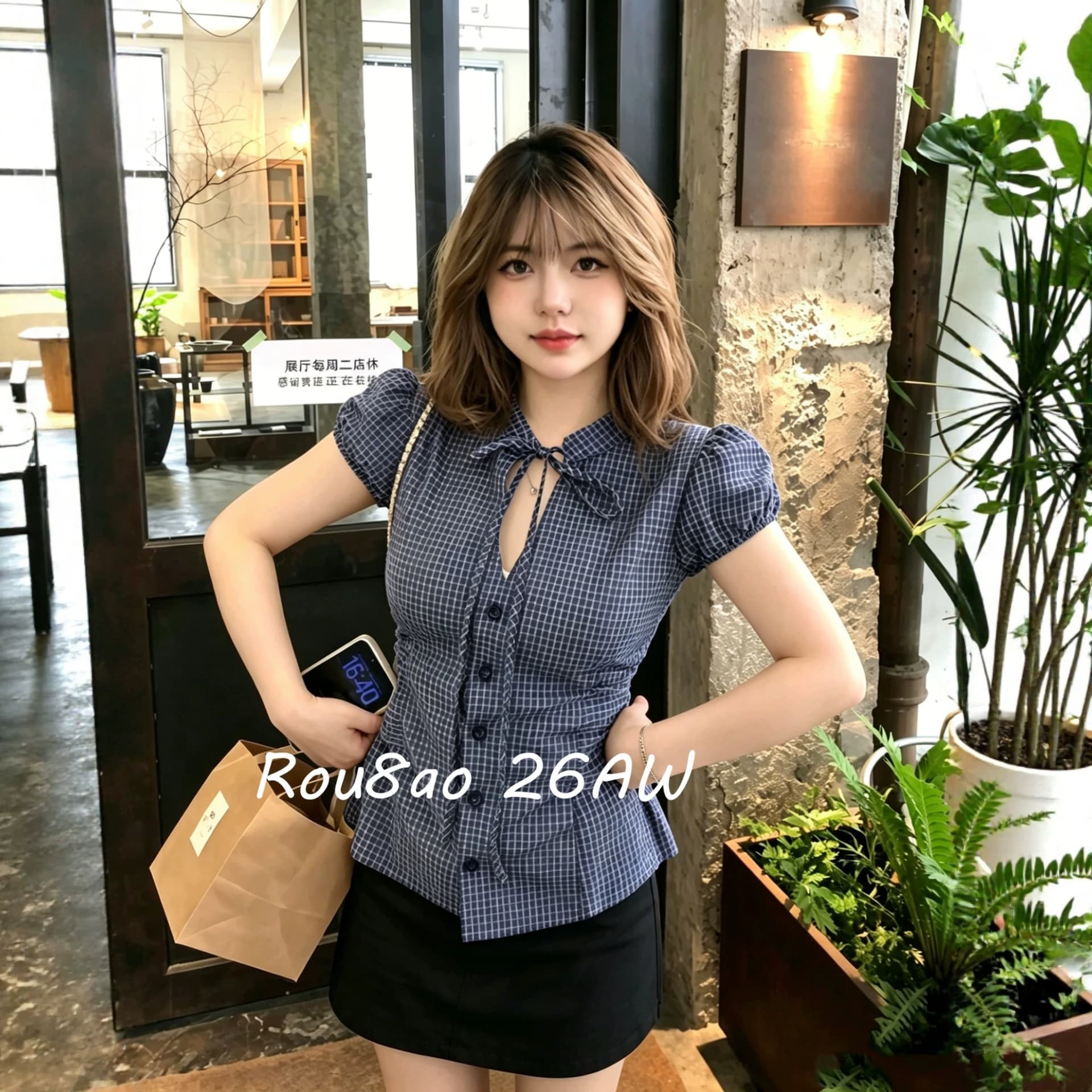 2026 여름 여성 의류 한 부서 나비 매듭 체크무늬 V 넥 셔츠 허리 수축 슬림해 보이는 디자인 센스 맨위 여름 켜기 새로운
