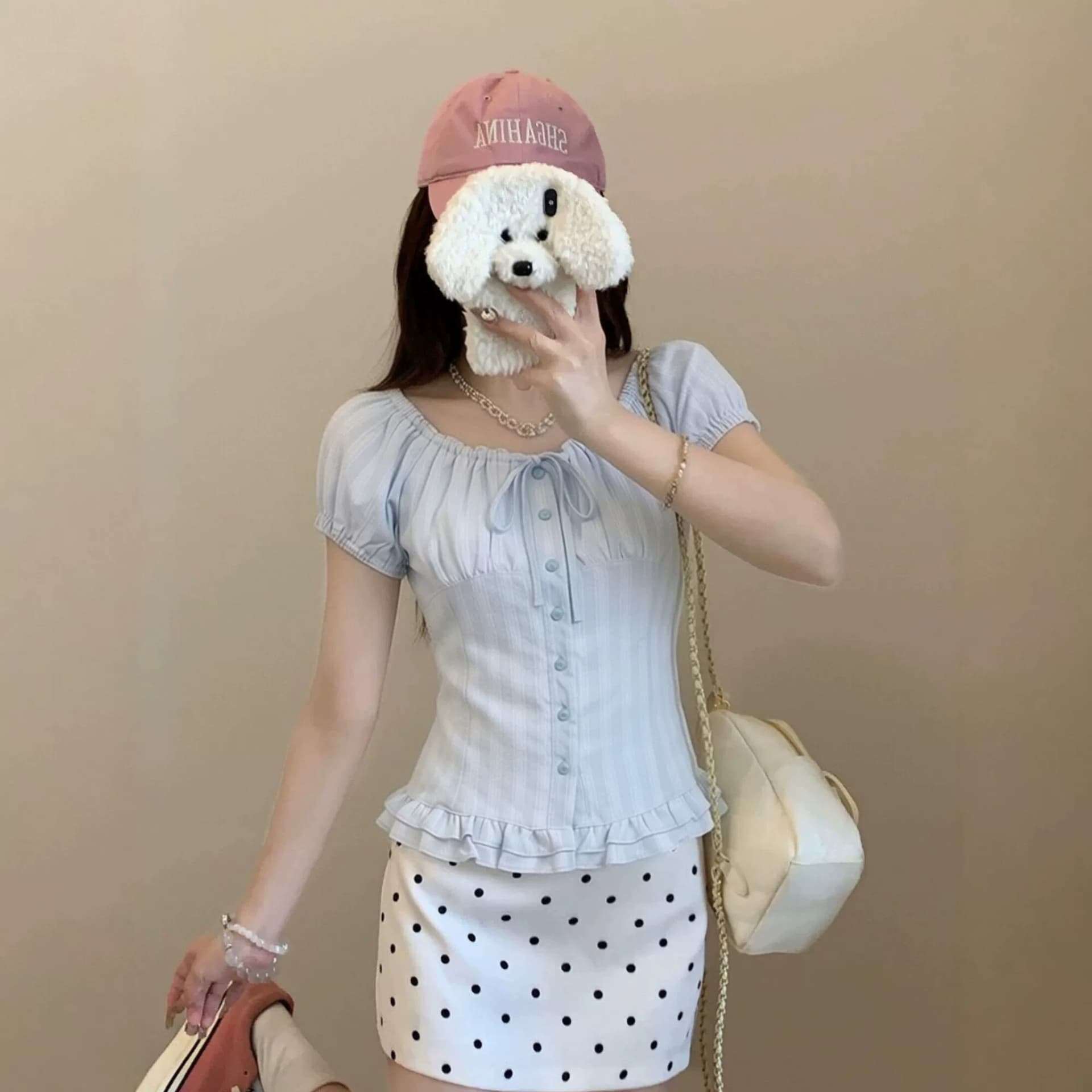 프랑스식 학원 스타일 파란색 반팔 여성 셔츠 여름 섹션 디자인 센스 허리 수축 몸매 가꾸기 슬림해 보이는 프릴 달콤함 맨위 이미지 5