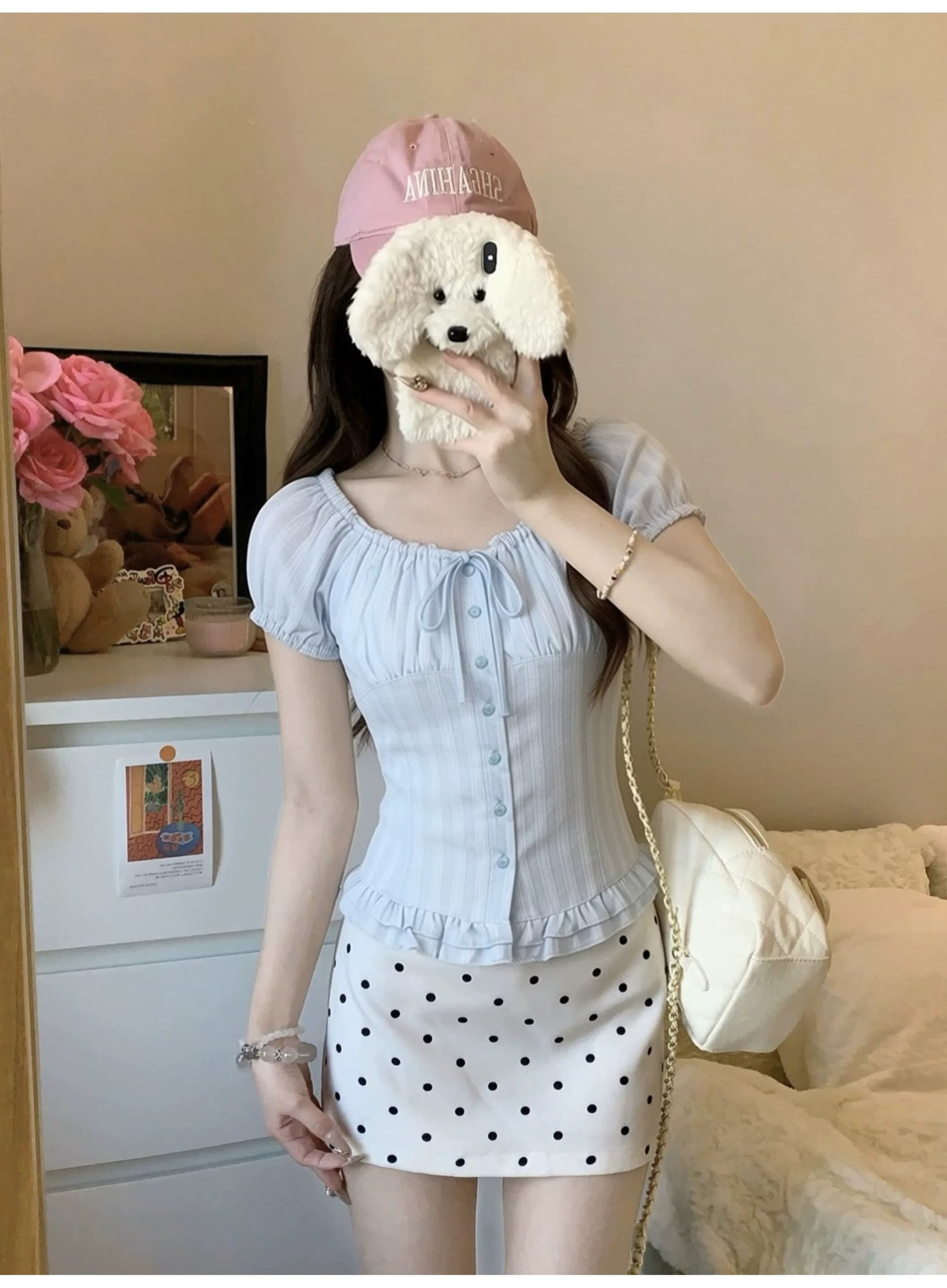 프랑스식 학원 스타일 파란색 반팔 여성 셔츠 여름 섹션 디자인 센스 허리 수축 몸매 가꾸기 슬림해 보이는 프릴 달콤함 맨위 상세 이미지 3