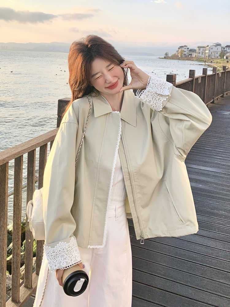 2026 레이스 조각 짧은 여성 코트 작은 키 봄 새로운 캐주얼 다용도 재킷 맨위 상세 이미지 2