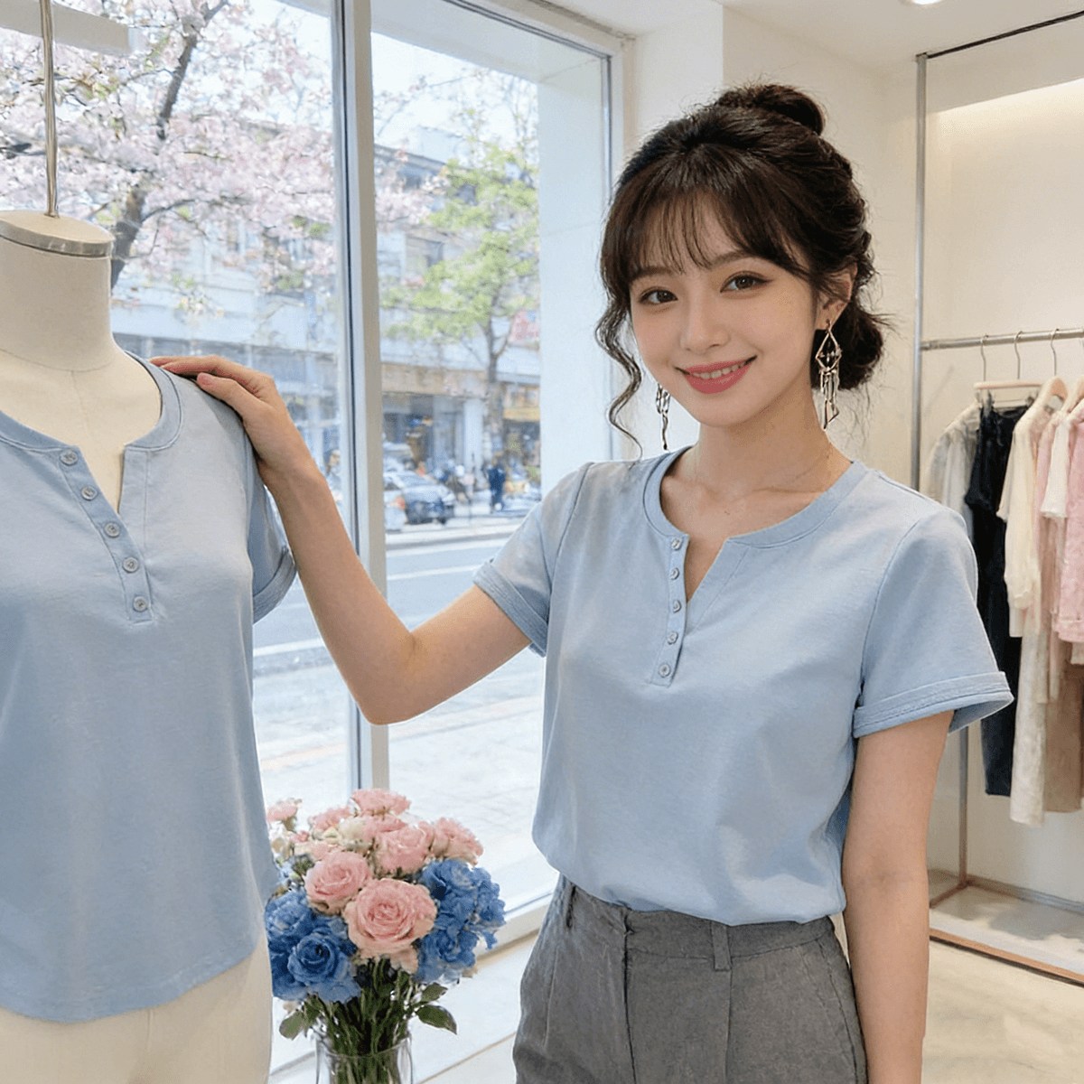 빅 사이즈 마이크로 지방 여성 의류 2026 여름 새로운 슬림해 보이는 허리 수축 다용도 V넥 지방 mm 단추 단색 반팔 티셔츠 맨위 이미지 3