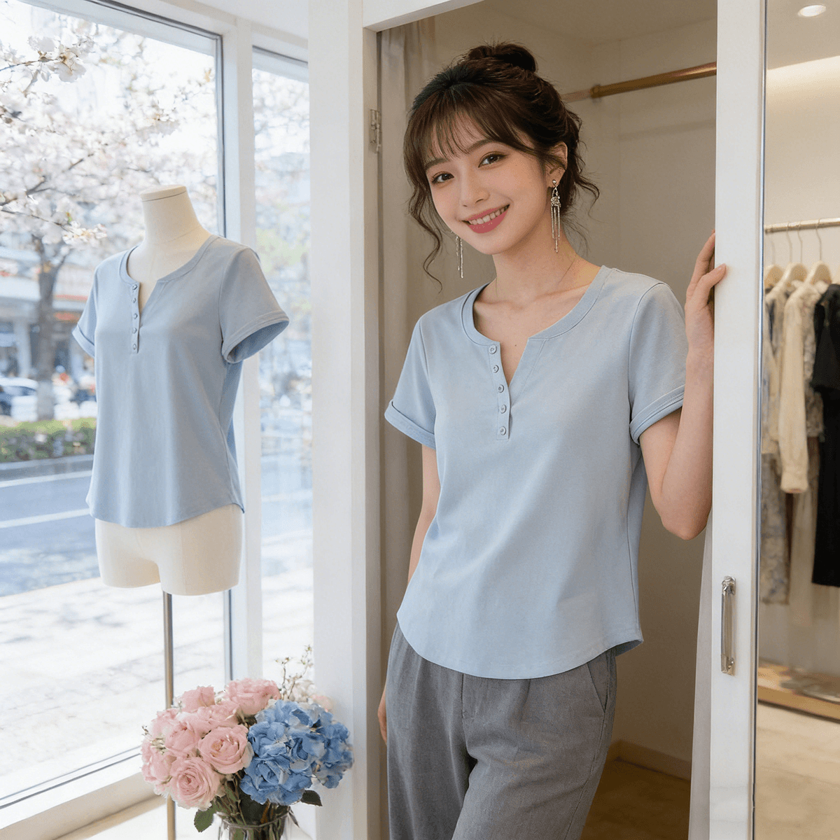 빅 사이즈 마이크로 지방 여성 의류 2026 여름 새로운 슬림해 보이는 허리 수축 다용도 V넥 지방 mm 단추 단색 반팔 티셔츠 맨위 이미지 2