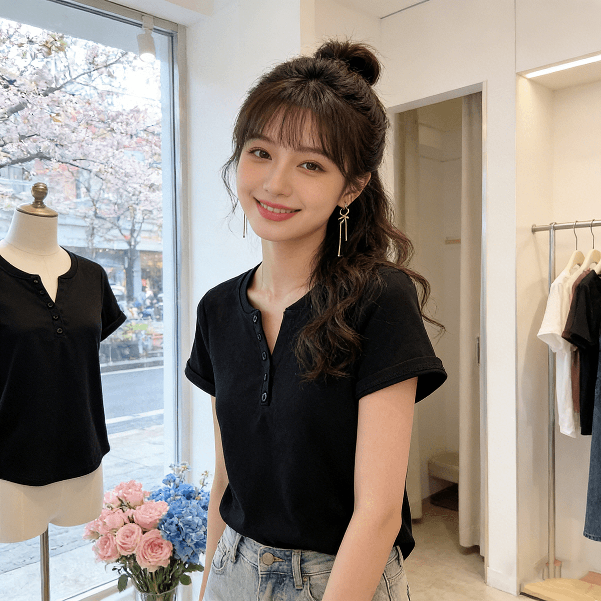 빅 사이즈 마이크로 지방 여성 의류 2026 여름 새로운 슬림해 보이는 허리 수축 다용도 V넥 지방 mm 단추 단색 반팔 티셔츠 맨위 상세 이미지 2