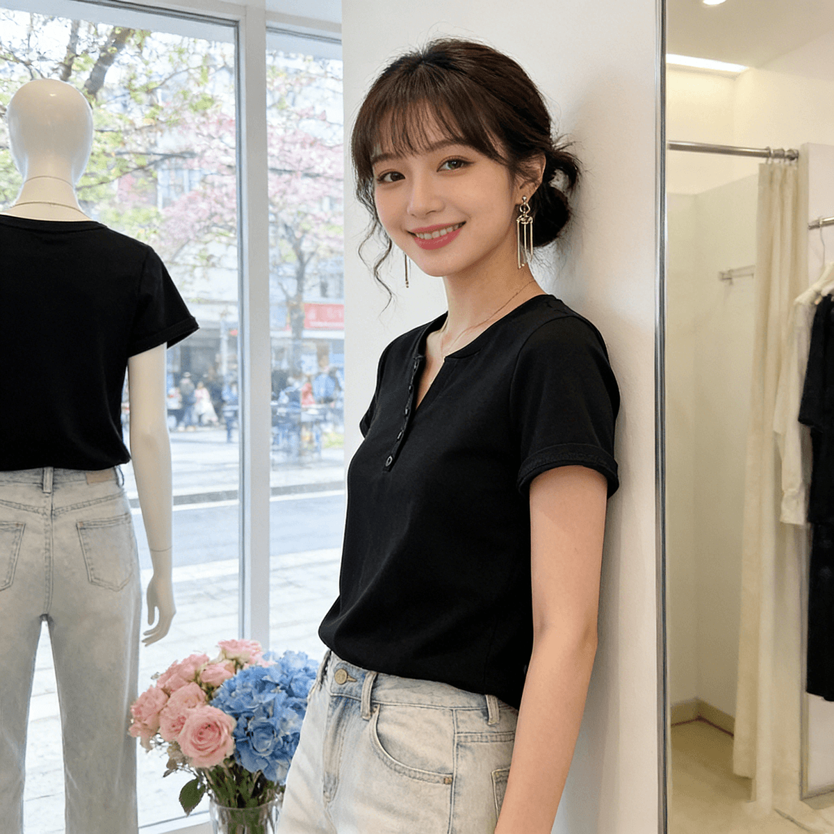 빅 사이즈 마이크로 지방 여성 의류 2026 여름 새로운 슬림해 보이는 허리 수축 다용도 V넥 지방 mm 단추 단색 반팔 티셔츠 맨위 상세 이미지 3