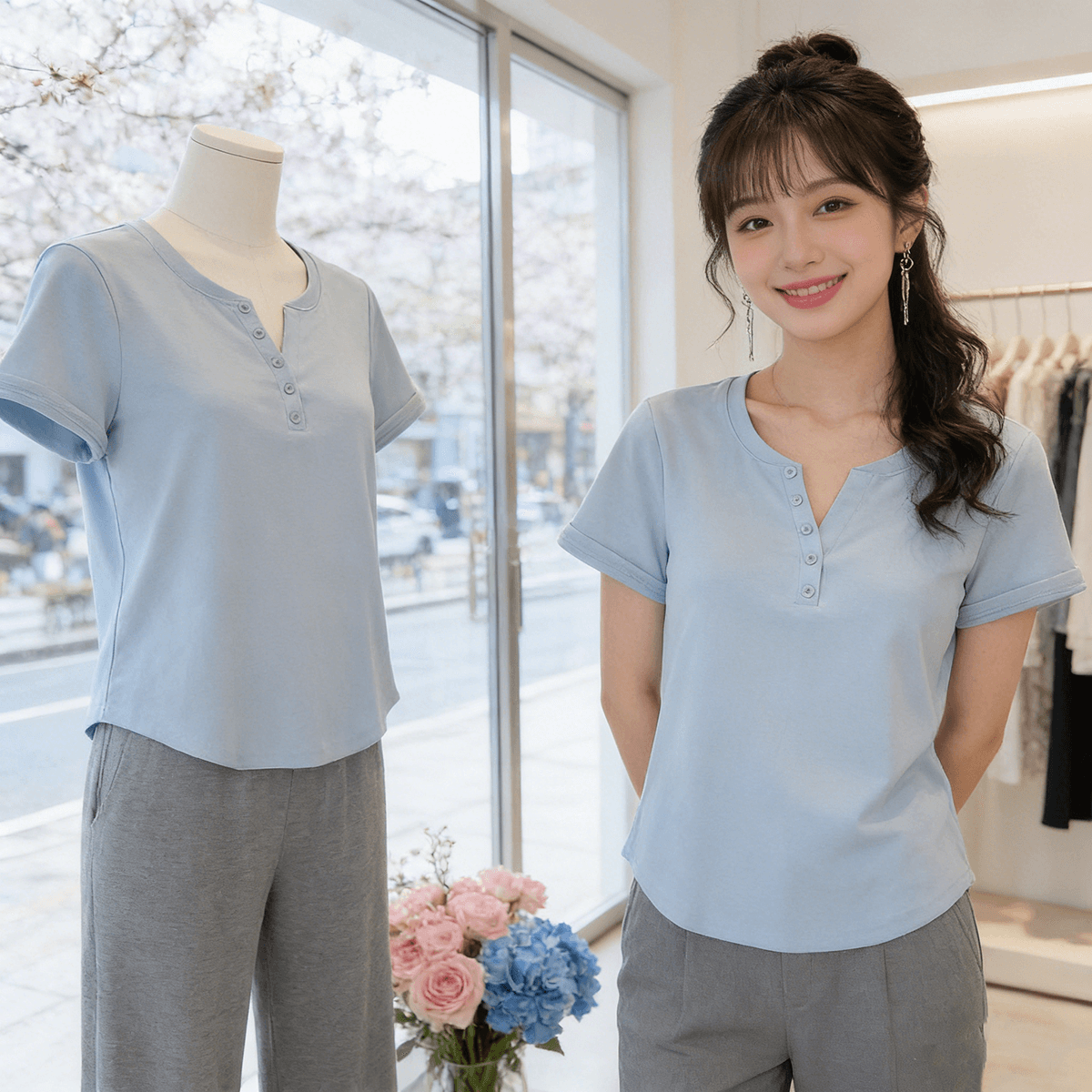 빅 사이즈 마이크로 지방 여성 의류 2026 여름 새로운 슬림해 보이는 허리 수축 다용도 V넥 지방 mm 단추 단색 반팔 티셔츠 맨위 상세 이미지 6