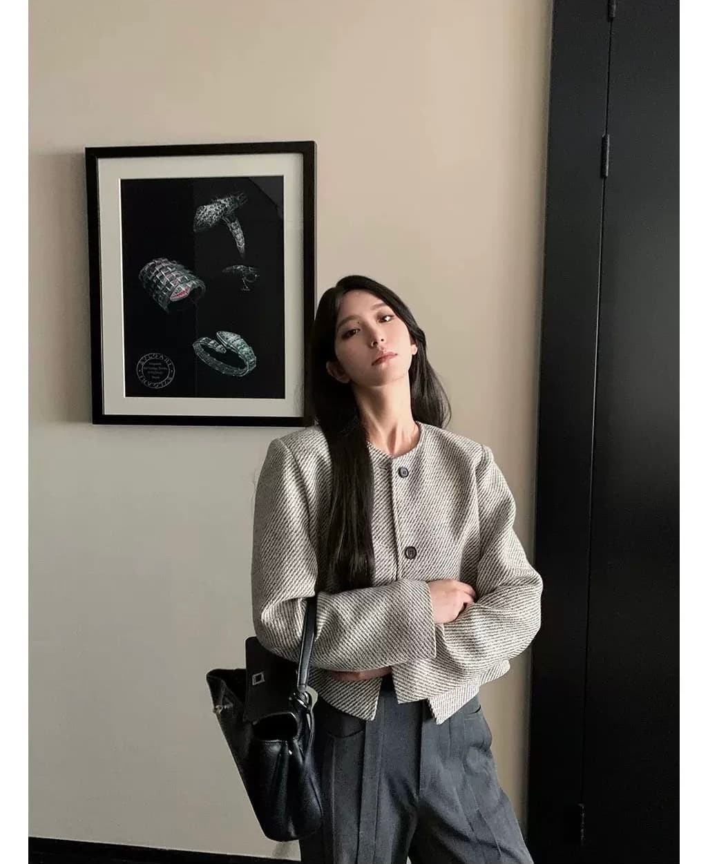 2026 봄 가을 영 새로운 패션 향기로운 재킷 품격 레트로 라운드 넥 단일 행 맨위 스트라이프 루즈핏 상세 이미지 6