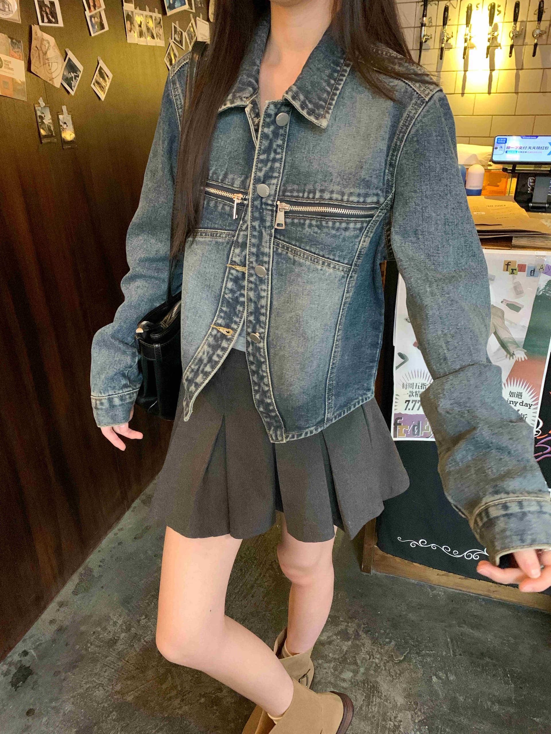 실사 한국 chic 봄 항구 바람 주머니 지퍼 워싱 데님 다용도 재킷 상세 이미지 11