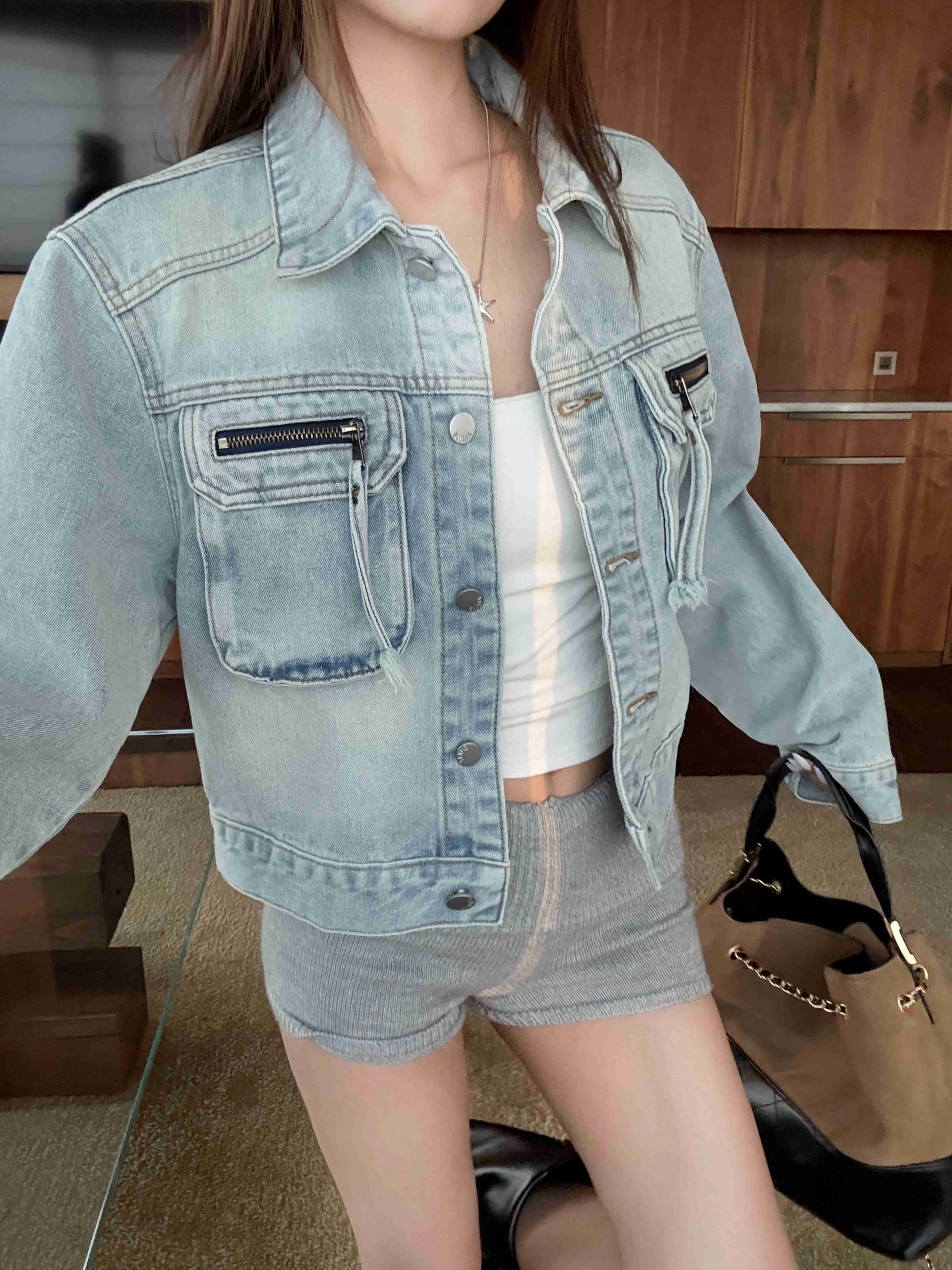 실사 워싱 블루 레트로 노스탤지어 데님 맨위 3 차원 주머니 트렌디 잘 생긴 짧은 외투 상세 이미지 10