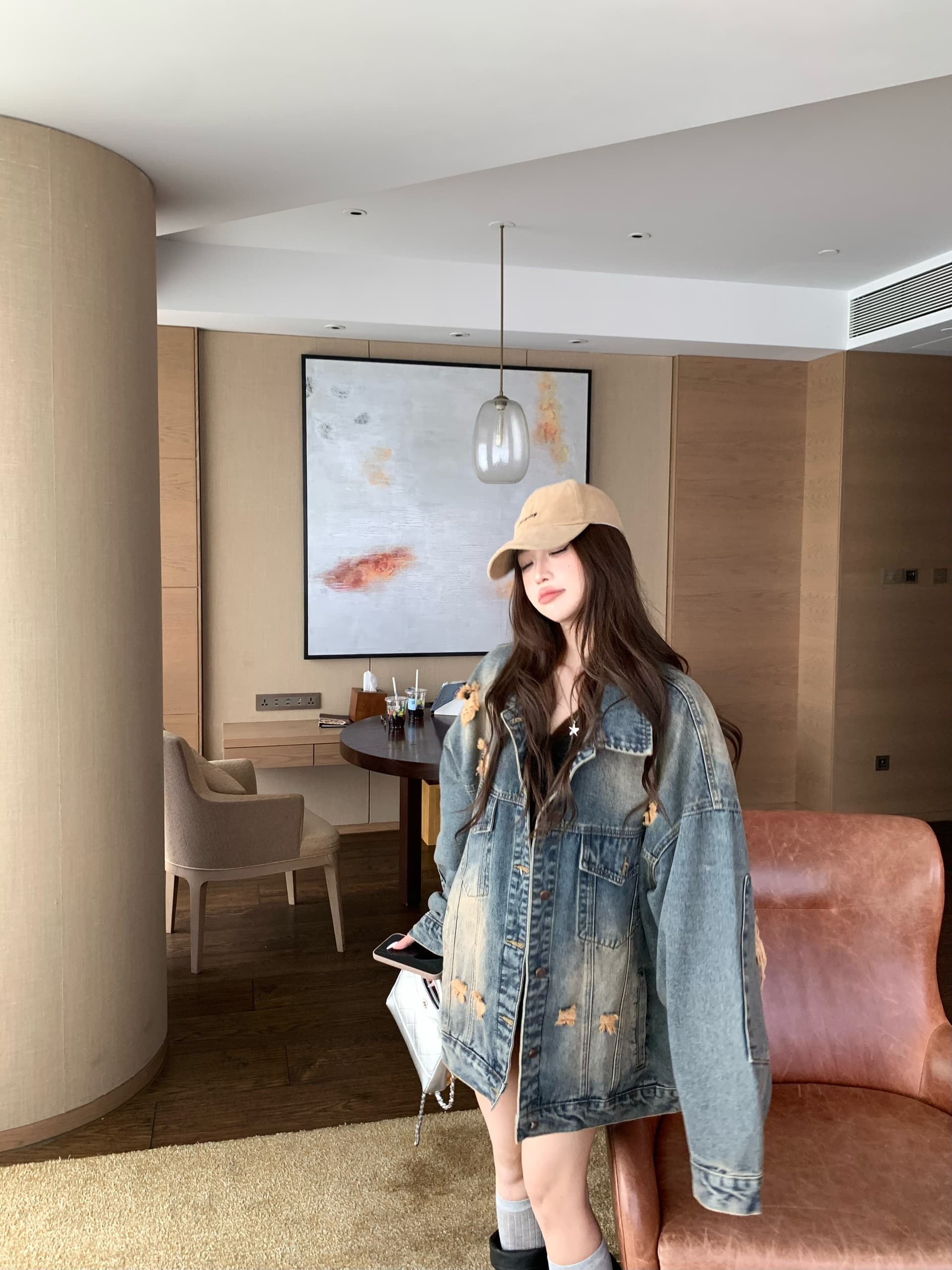 실사 아메리칸 레트로 봄 가을 루즈핏 찢어진 부분 워싱 데님 남자 친구 바람 커플 섹션 데님 재킷 이미지 2