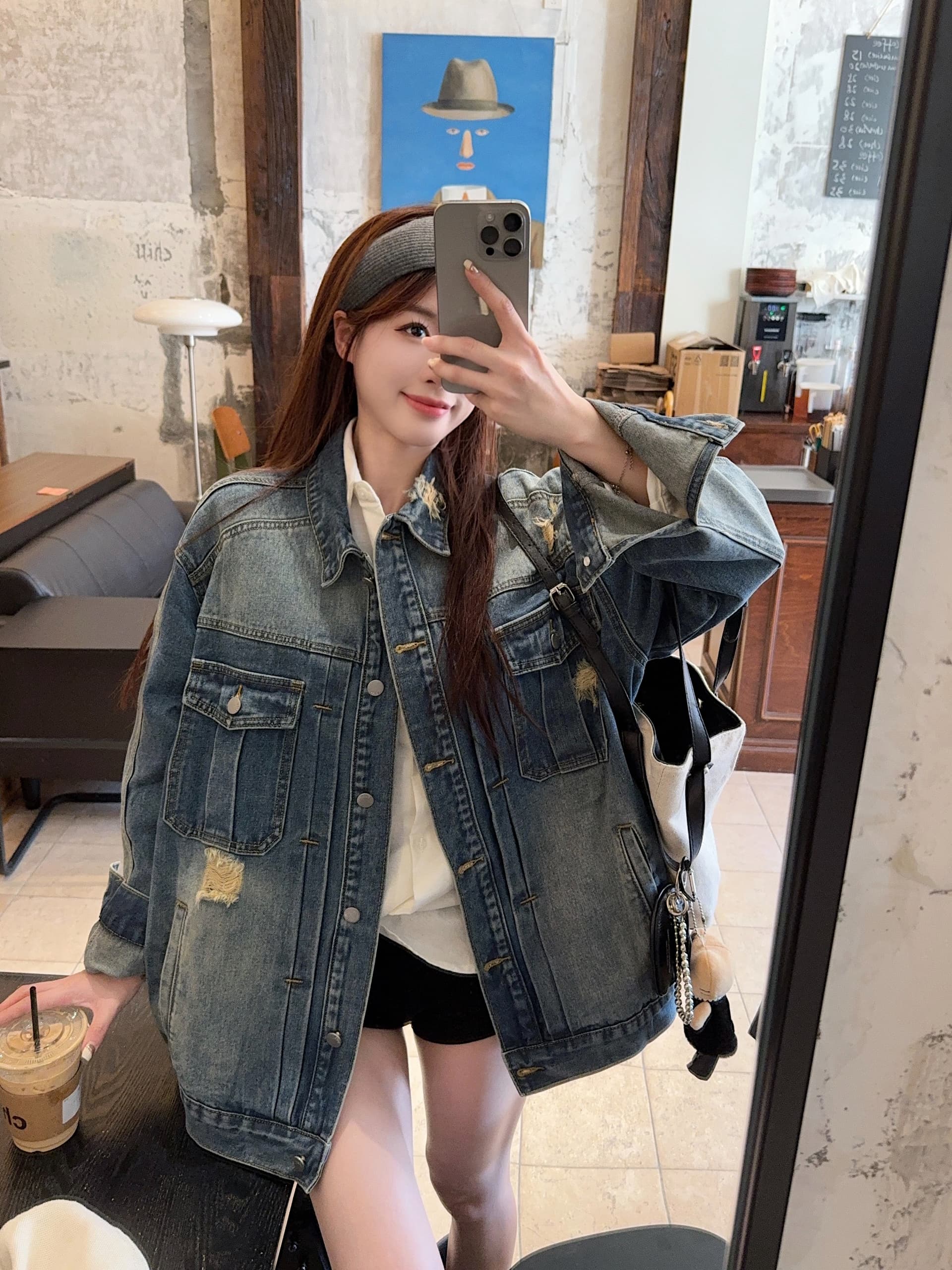 실사 단 닝 데님 무거운 작업 공동 워싱 마 오래된 찢어진 부분 루즈핏 데님 재킷 상세 이미지 2
