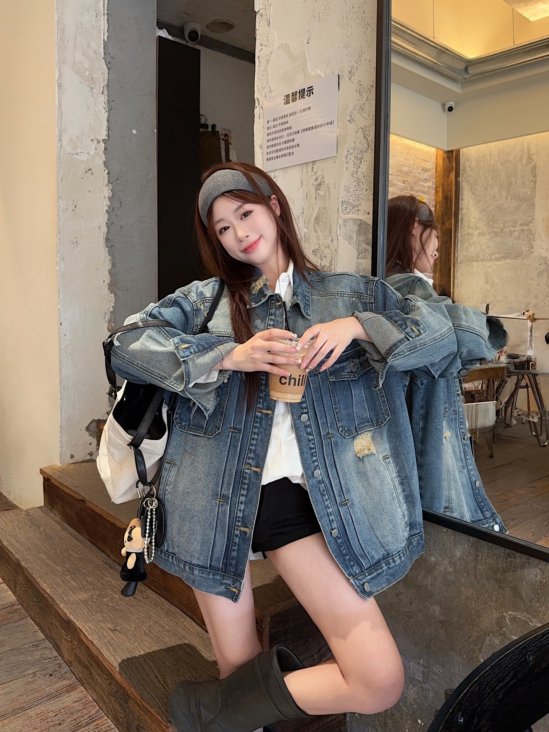 실사 단 닝 데님 무거운 작업 공동 워싱 마 오래된 찢어진 부분 루즈핏 데님 재킷 상세 이미지 4