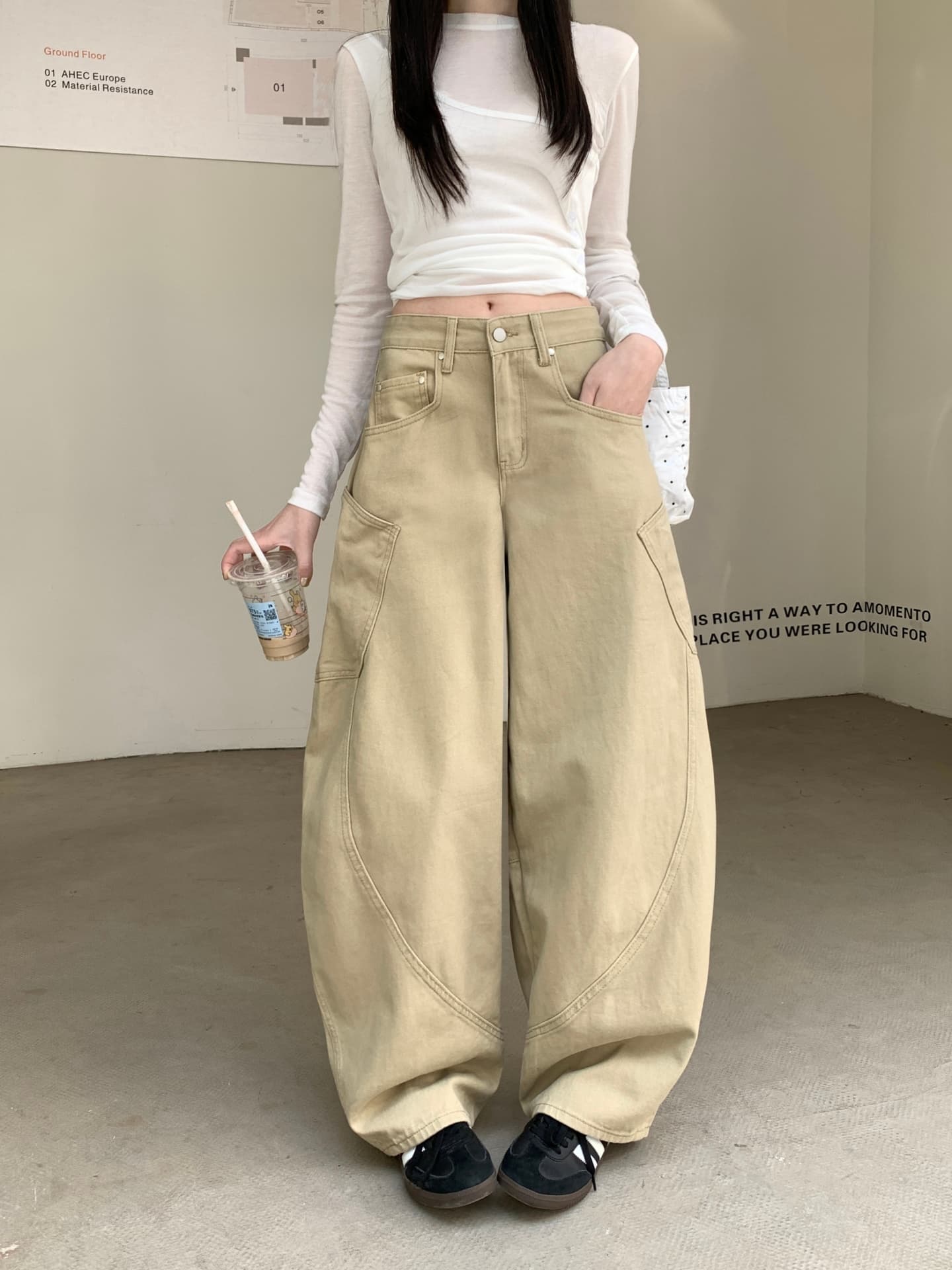 열세 개 품질 주머니 넓은 다리 데님 하이웨이스트 루즈핏 도루 센스 낫 바지 상세 이미지 2