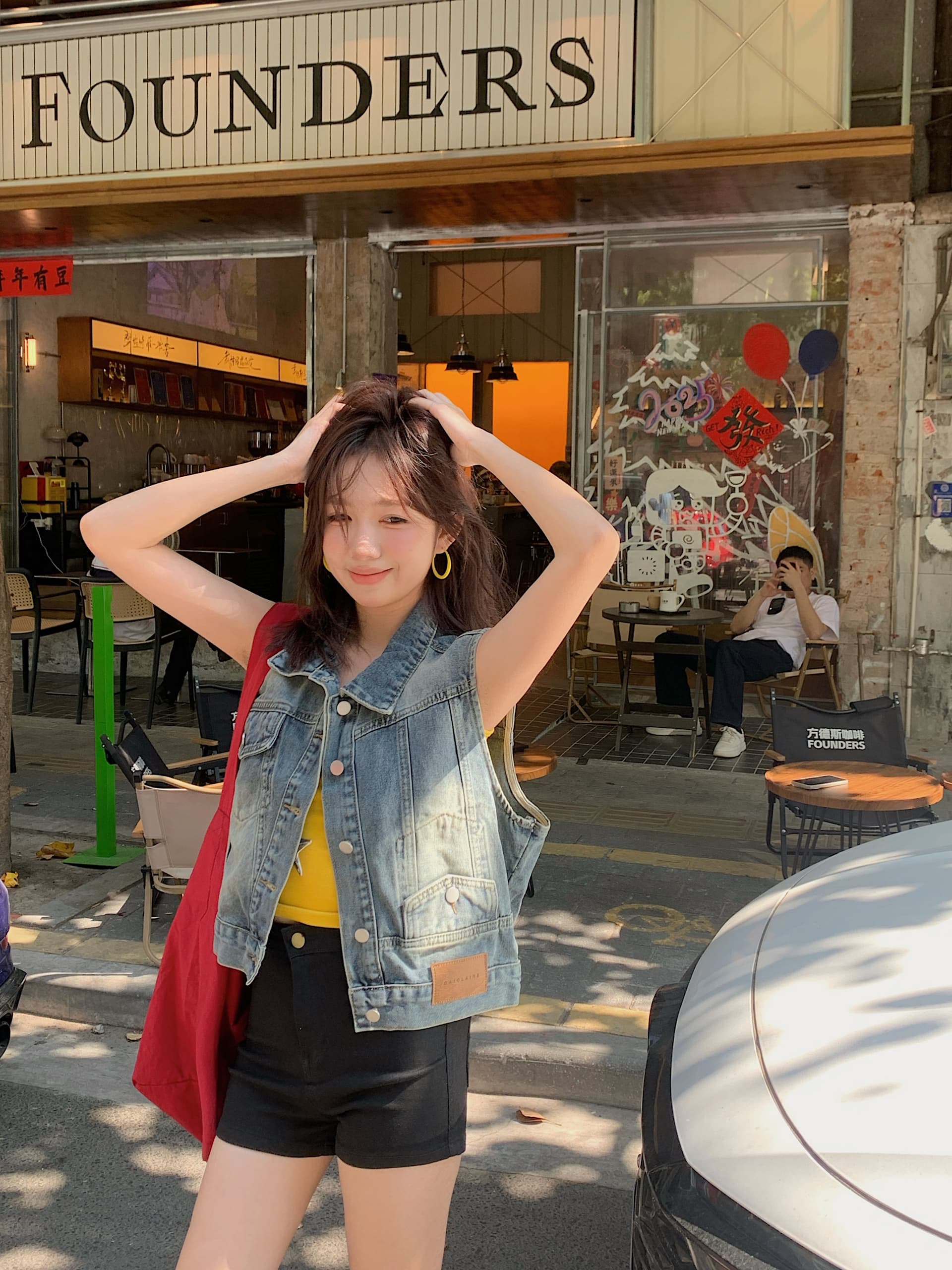 실사 한국 스타일 루즈핏 레트로 민소매 어깨 데님 베스트 상세 이미지 11