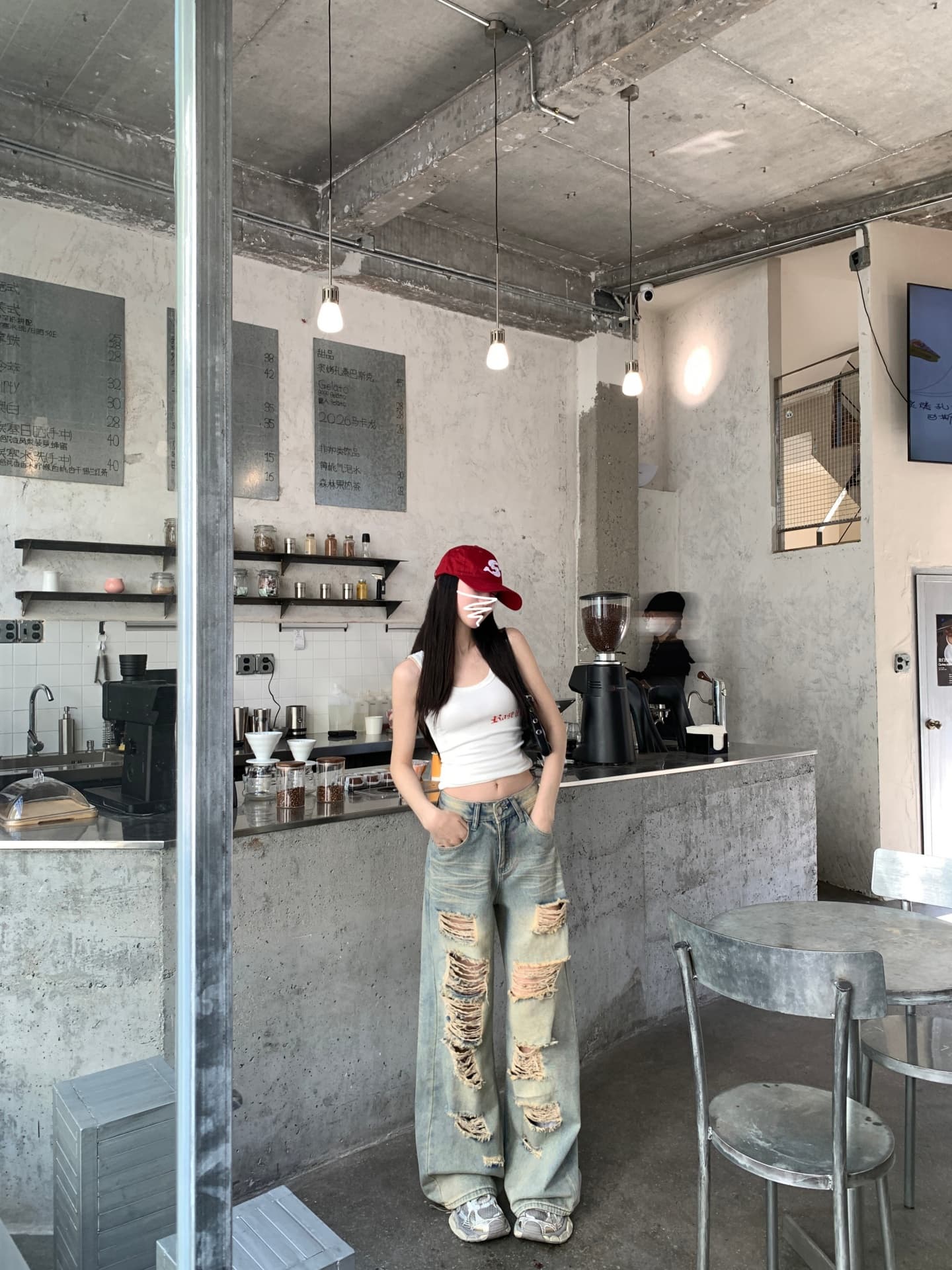 아메리칸 높음 거리 잉글랜드 찢어진 부분 데님 하이웨이스트 루즈핏 도루 센스 넓은 다리 바닥 청소 바지 상세 이미지 12