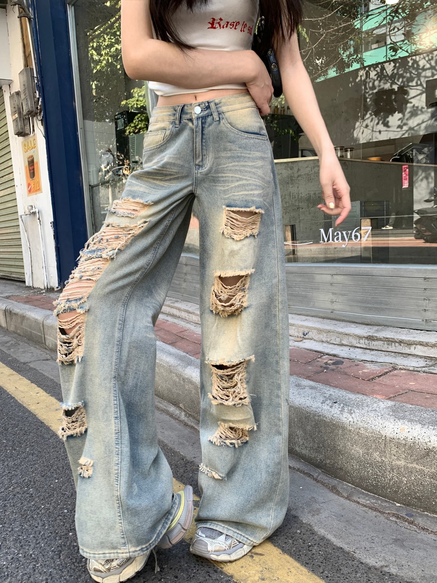아메리칸 높음 거리 잉글랜드 찢어진 부분 데님 하이웨이스트 루즈핏 도루 센스 넓은 다리 바닥 청소 바지 상세 이미지 18