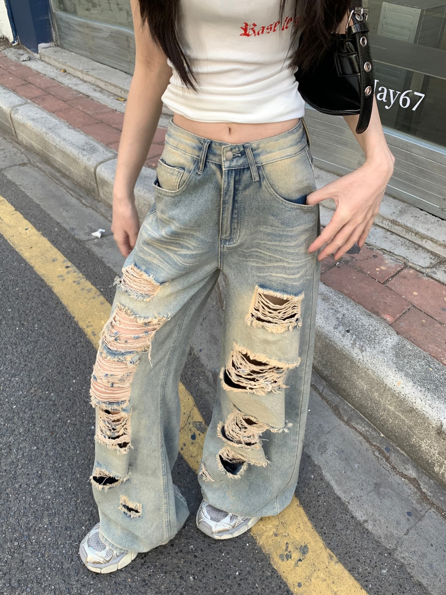 아메리칸 높음 거리 잉글랜드 찢어진 부분 데님 하이웨이스트 루즈핏 도루 센스 넓은 다리 바닥 청소 바지 상세 이미지 19