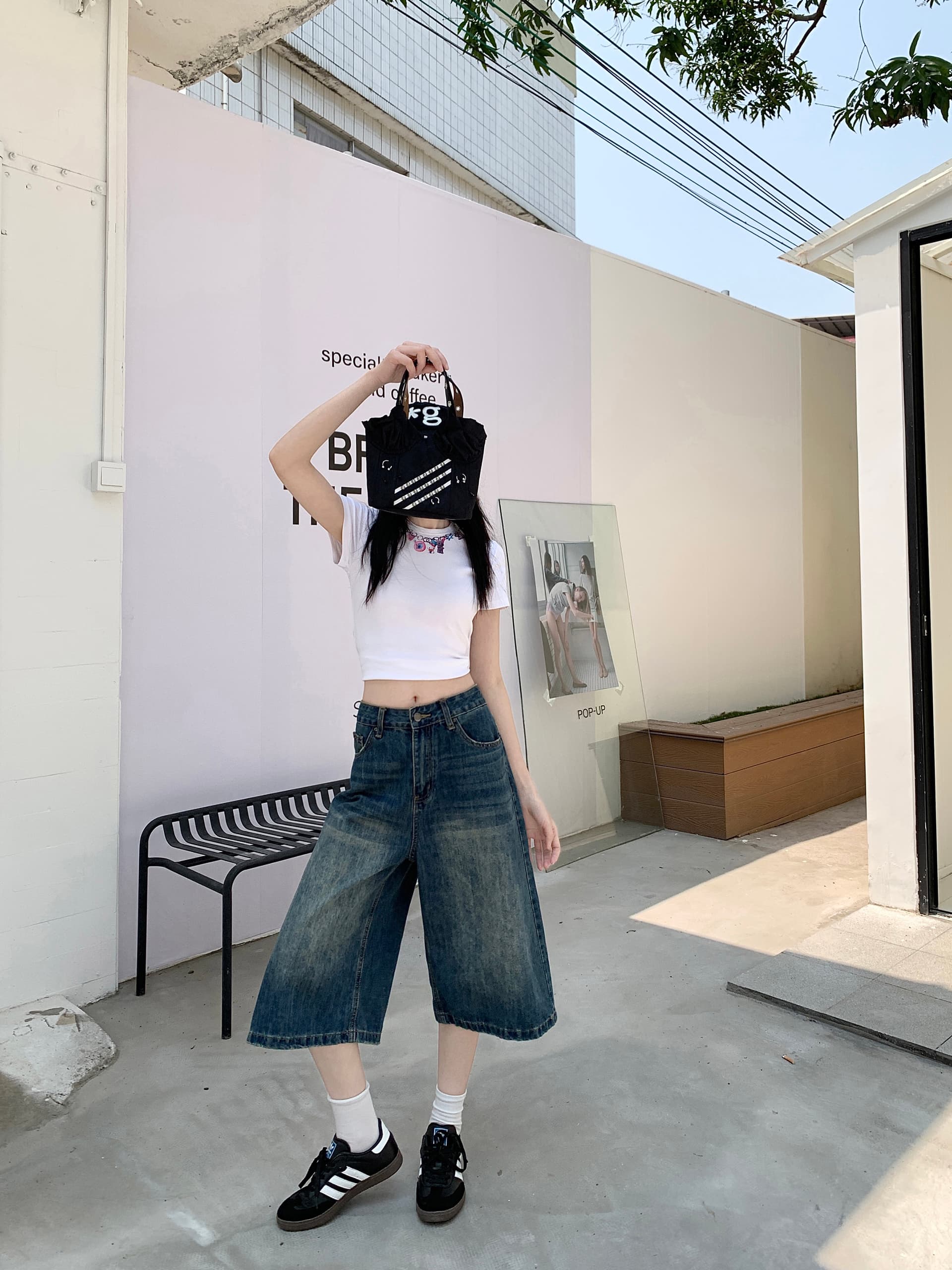 넓은 다리 7 점 데님 반바지 여성 레트로 워싱 마 오래된 루즈핏 스트레이트 중 바지 상세 이미지 2