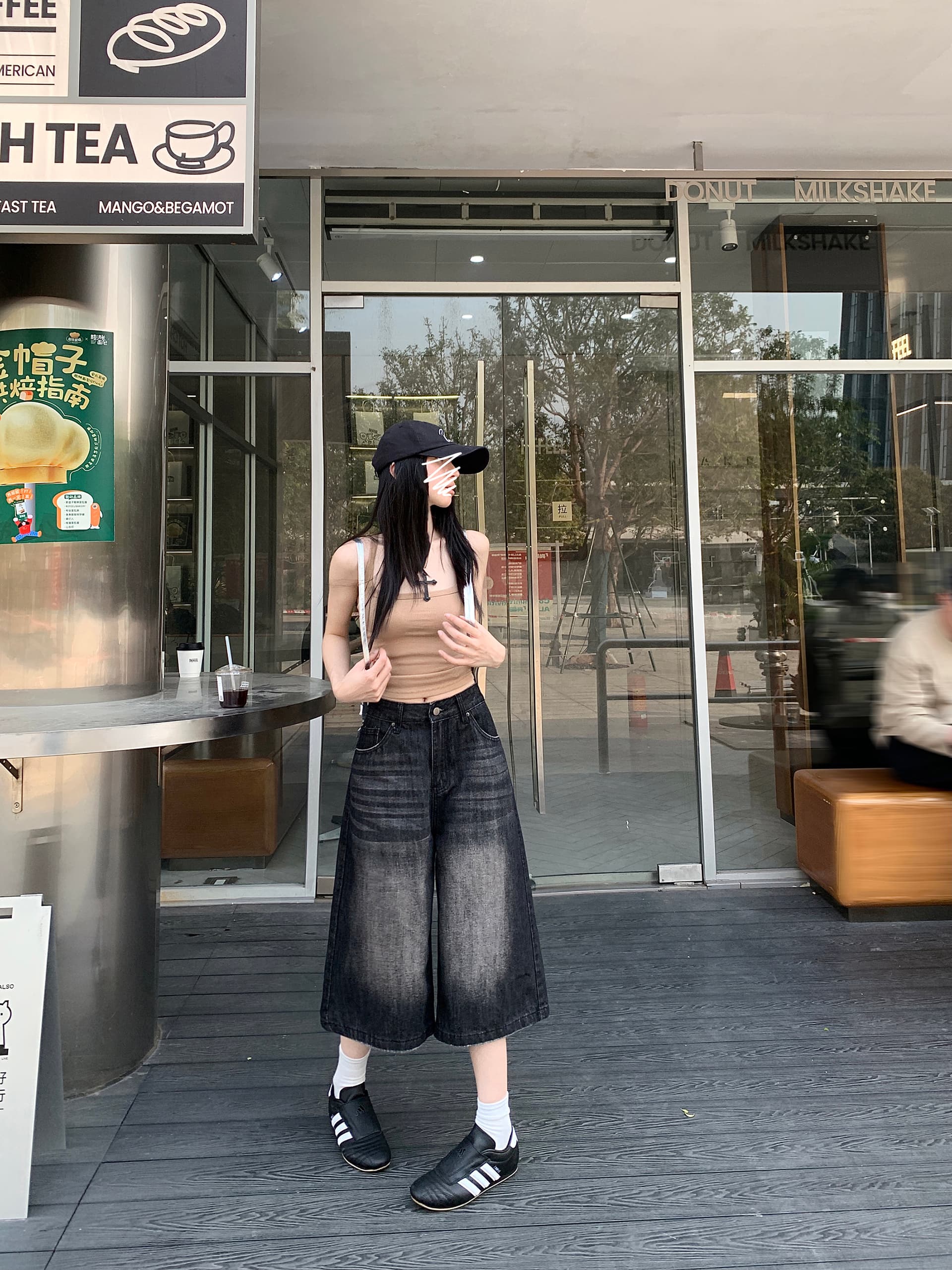 넓은 다리 7 점 데님 반바지 여성 레트로 워싱 마 오래된 루즈핏 스트레이트 중 바지 상세 이미지 3