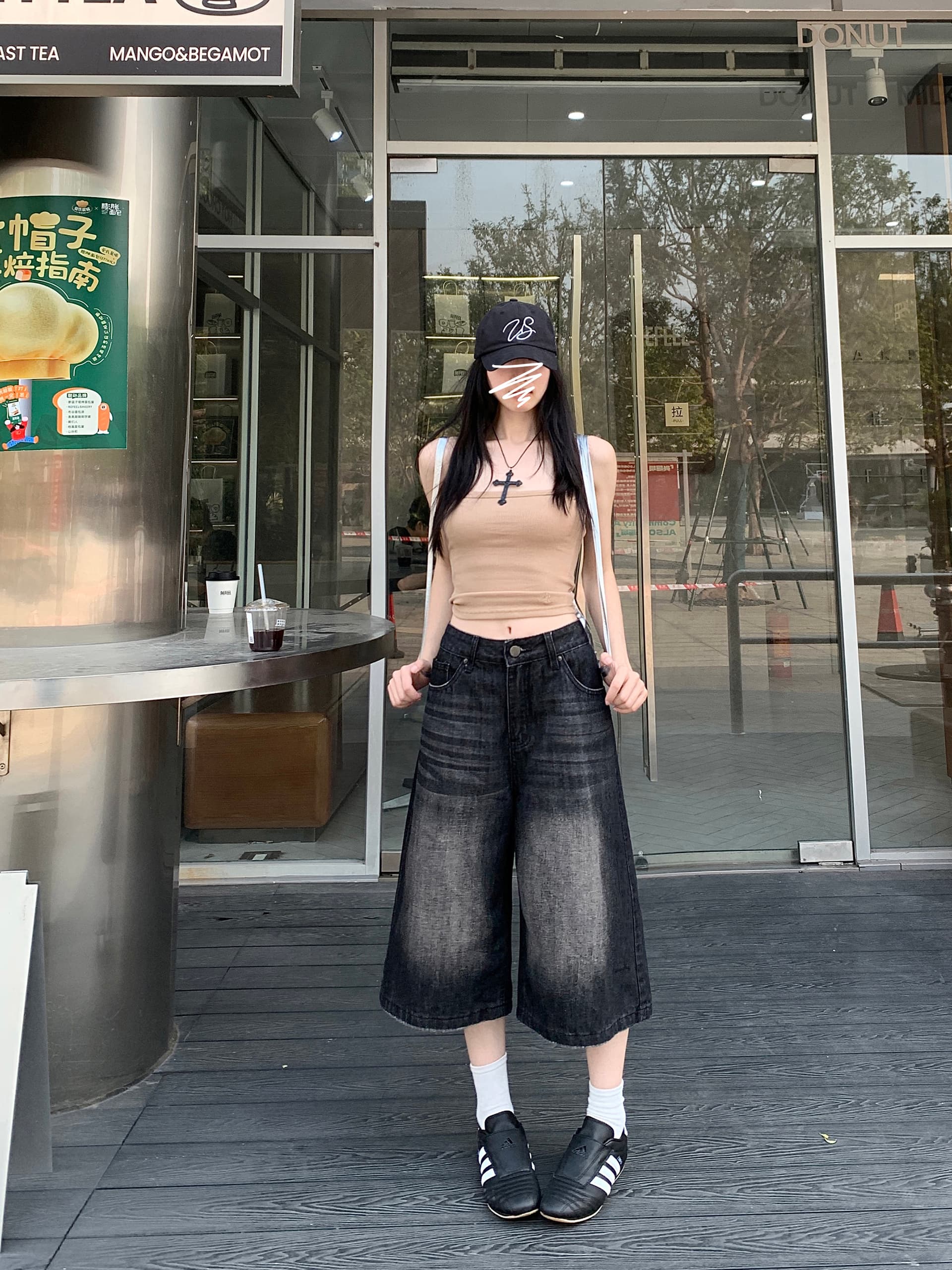 넓은 다리 7 점 데님 반바지 여성 레트로 워싱 마 오래된 루즈핏 스트레이트 중 바지 상세 이미지 4
