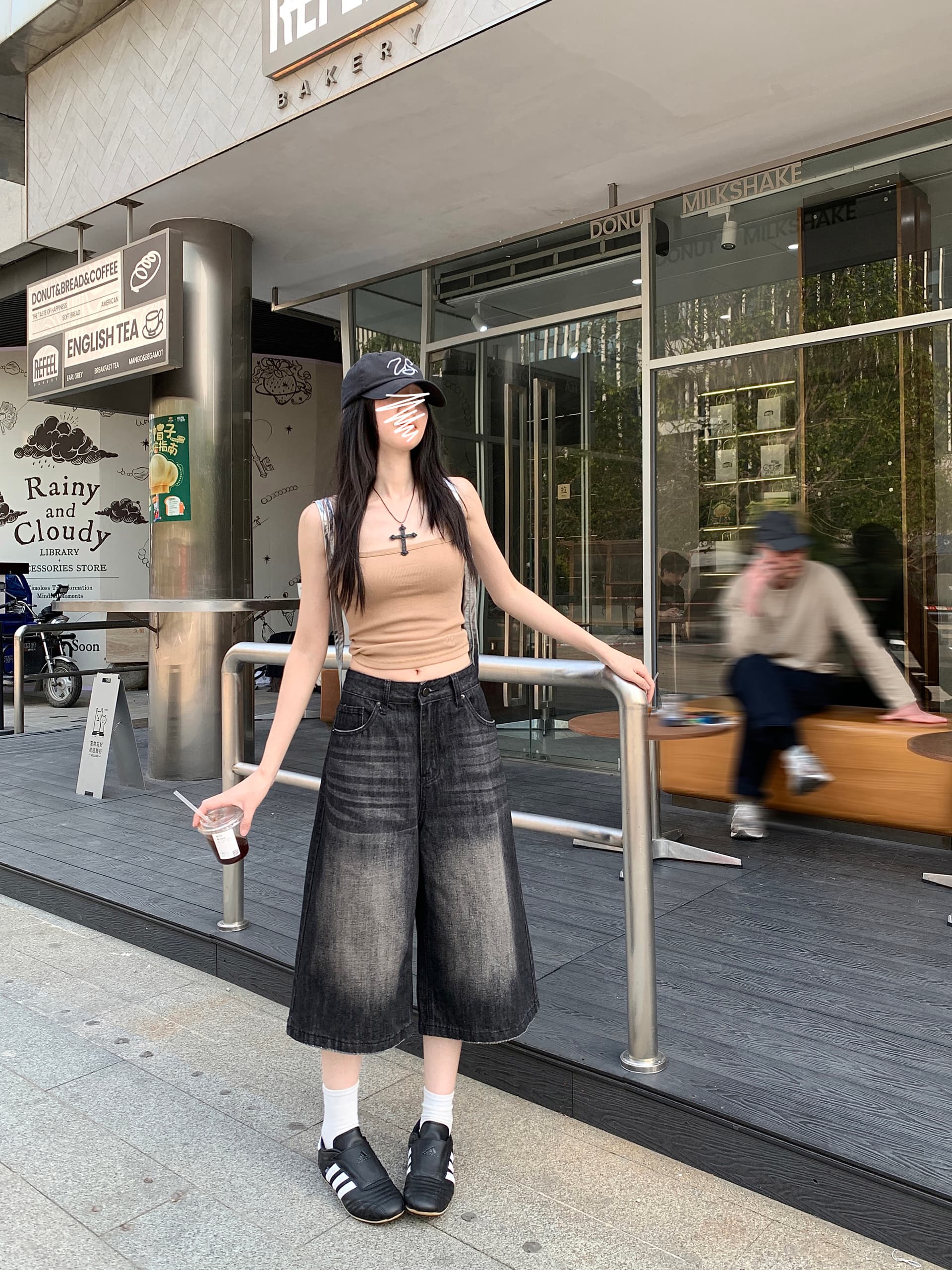 넓은 다리 7 점 데님 반바지 여성 레트로 워싱 마 오래된 루즈핏 스트레이트 중 바지 상세 이미지 10