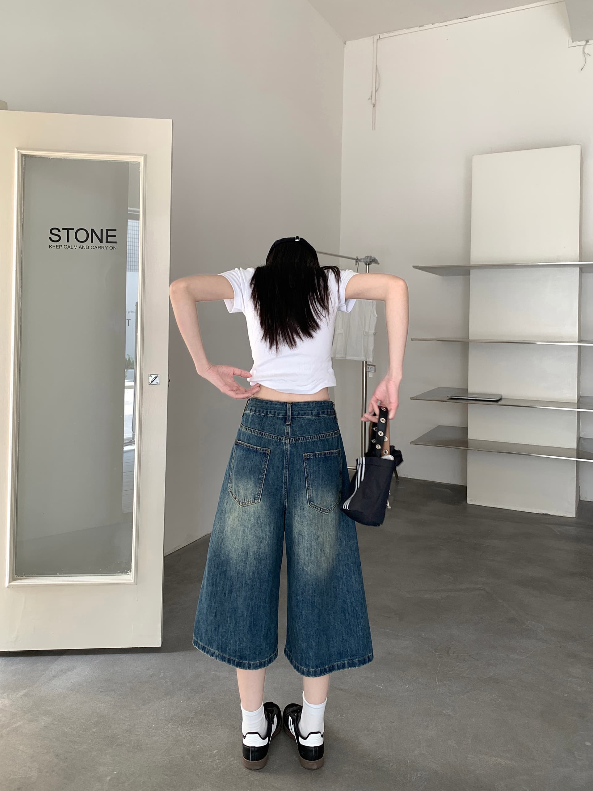 넓은 다리 7 점 데님 반바지 여성 레트로 워싱 마 오래된 루즈핏 스트레이트 중 바지 상세 이미지 32