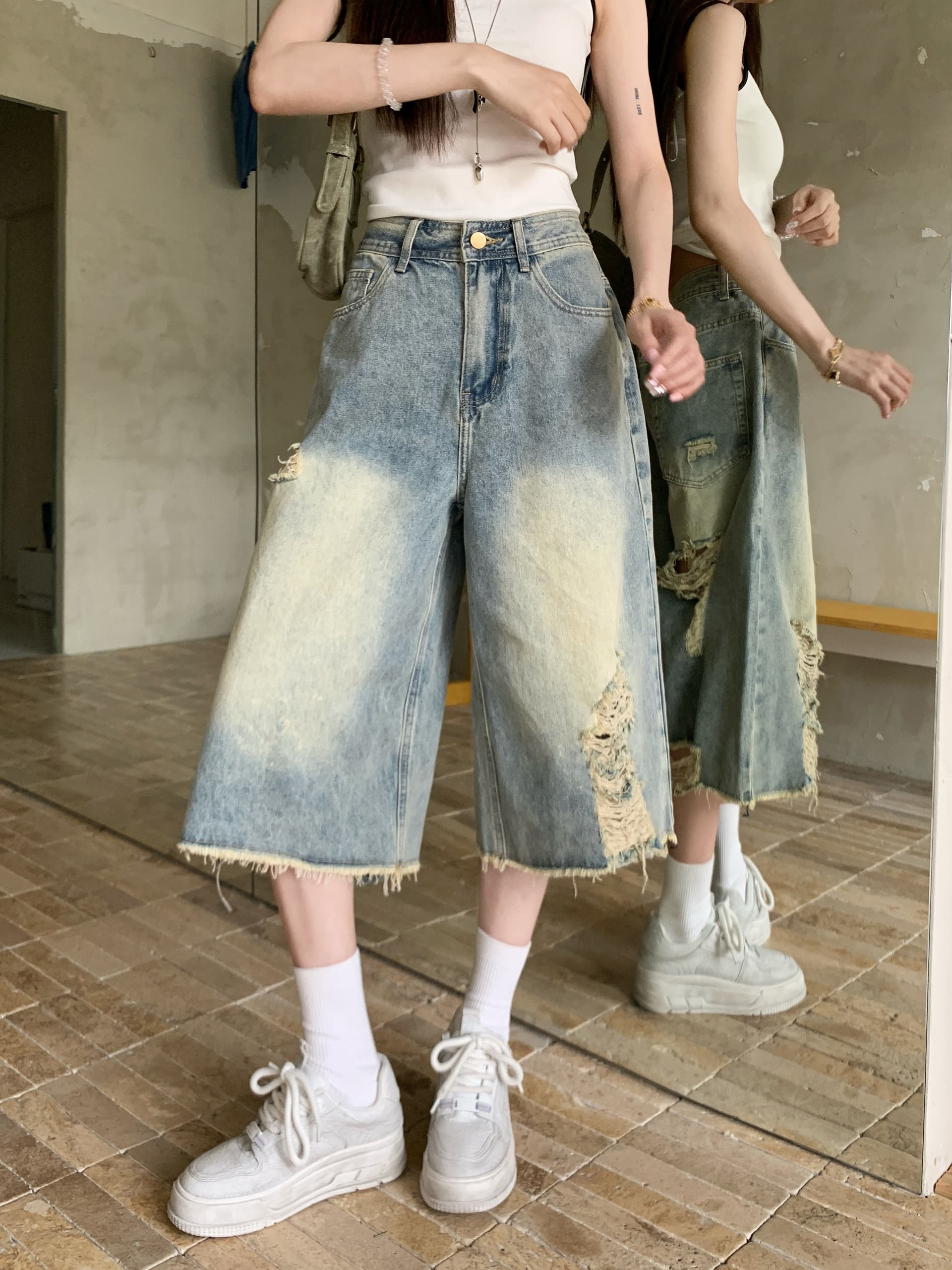 찢어진 부분 스트레이트 데님 7 점 baggy 바람 디자인 센스 워싱 마 오래된 루즈핏 넓은 다리 바지