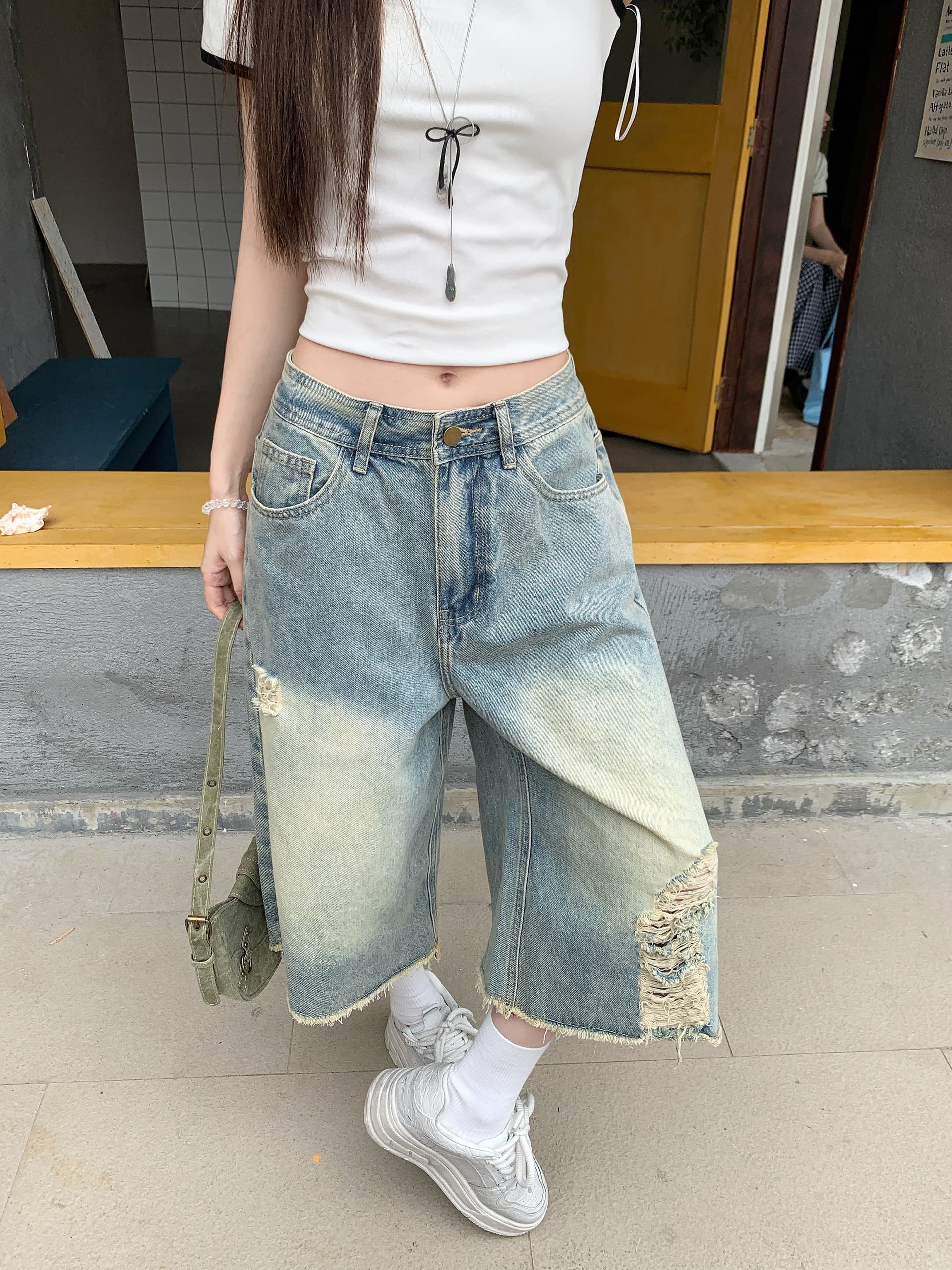 찢어진 부분 스트레이트 데님 7 점 baggy 바람 디자인 센스 워싱 마 오래된 루즈핏 넓은 다리 바지 상세 이미지 4