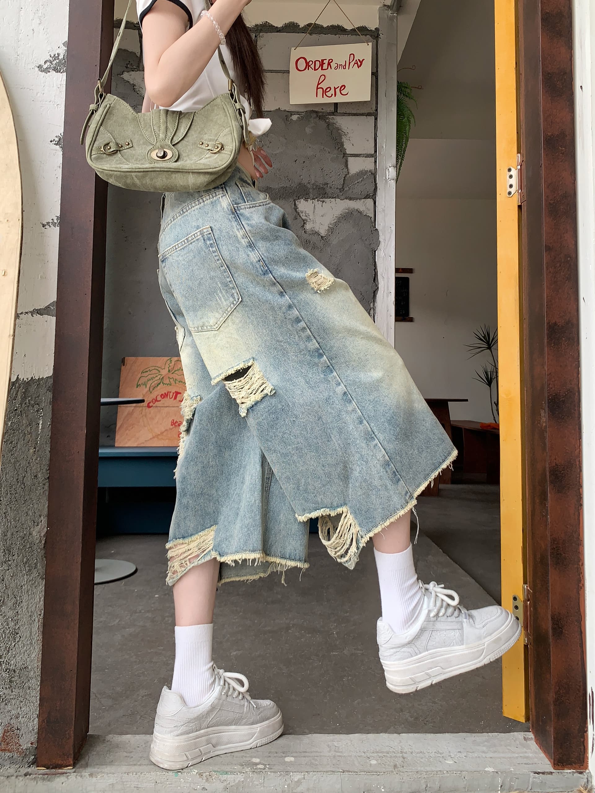 찢어진 부분 스트레이트 데님 7 점 baggy 바람 디자인 센스 워싱 마 오래된 루즈핏 넓은 다리 바지 상세 이미지 8
