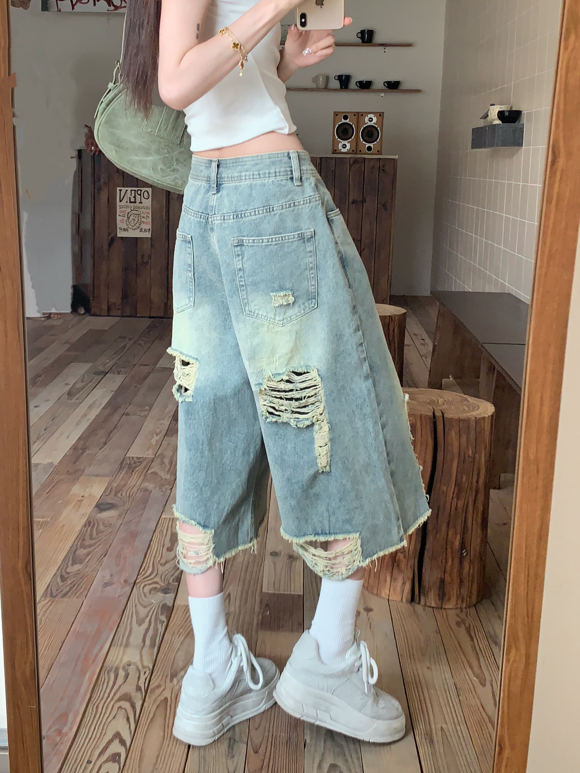 찢어진 부분 스트레이트 데님 7 점 baggy 바람 디자인 센스 워싱 마 오래된 루즈핏 넓은 다리 바지 상세 이미지 11