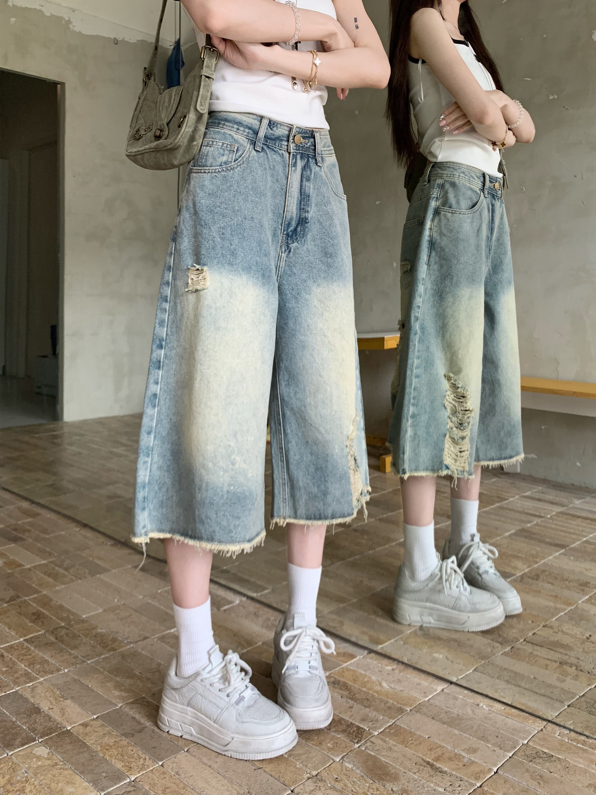 찢어진 부분 스트레이트 데님 7 점 baggy 바람 디자인 센스 워싱 마 오래된 루즈핏 넓은 다리 바지 상세 이미지 13